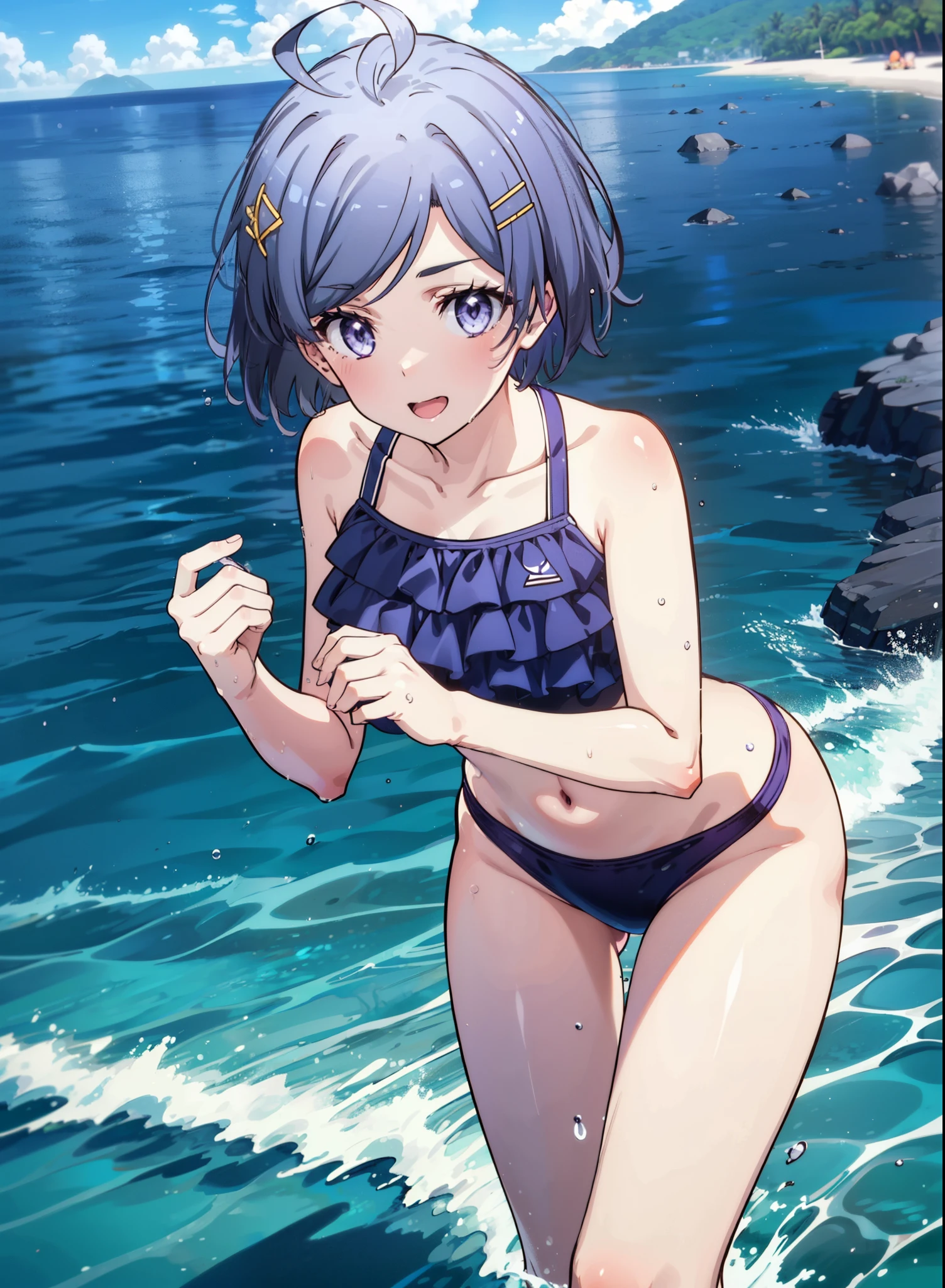 komachihikigaya, komachi hikigaya, short hair, Black Hair, hair ornaments, Ahoge, (Purple eyes:1.1), tooth, smile, Open your mouth, Bikini swimsuit with ruffles,barefoot,Water Play,Wet swimsuit,Wet Hair,Wet Skin,whole bodyがイラストに入るように,
break outdoors, Ocean,Beach,
break looking at viewer,whole body ,(Cowboy Shot:1. 5),
break (masterpiece:1.2), Highest quality, High resolution, unity 8k wallpaper, (figure:0.8), (Beautiful attention to detail:1.6), Highly detailed face, Perfect lighting, Highly detailed CG, (Perfect hands, Perfect Anatomy),