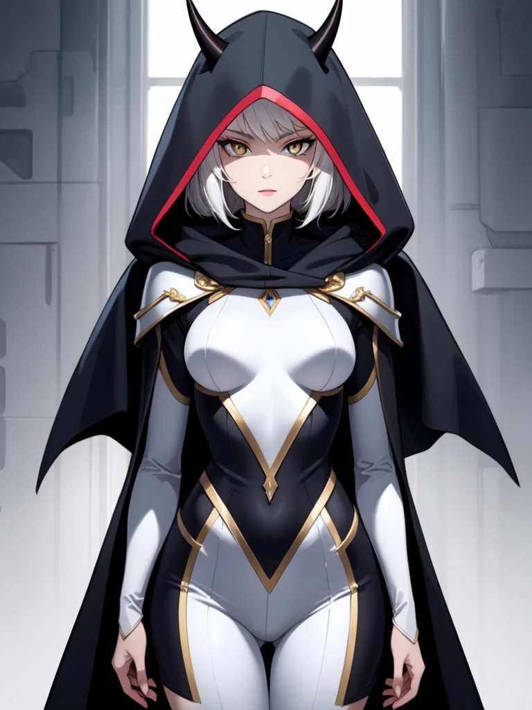 portrait, masterpiece, excellent quality, 1 girl, Alone, Complex details, color diffusion, Prince, White skin, women, by white, by white, gold eyes, epic outfit, assassin suit, Covered, Cloak, hooded, daggers, Awesome, trends, Prince Demonio, anti-hero, young, Science fiction, fancy, capa negra by white, With horns. black suit 
