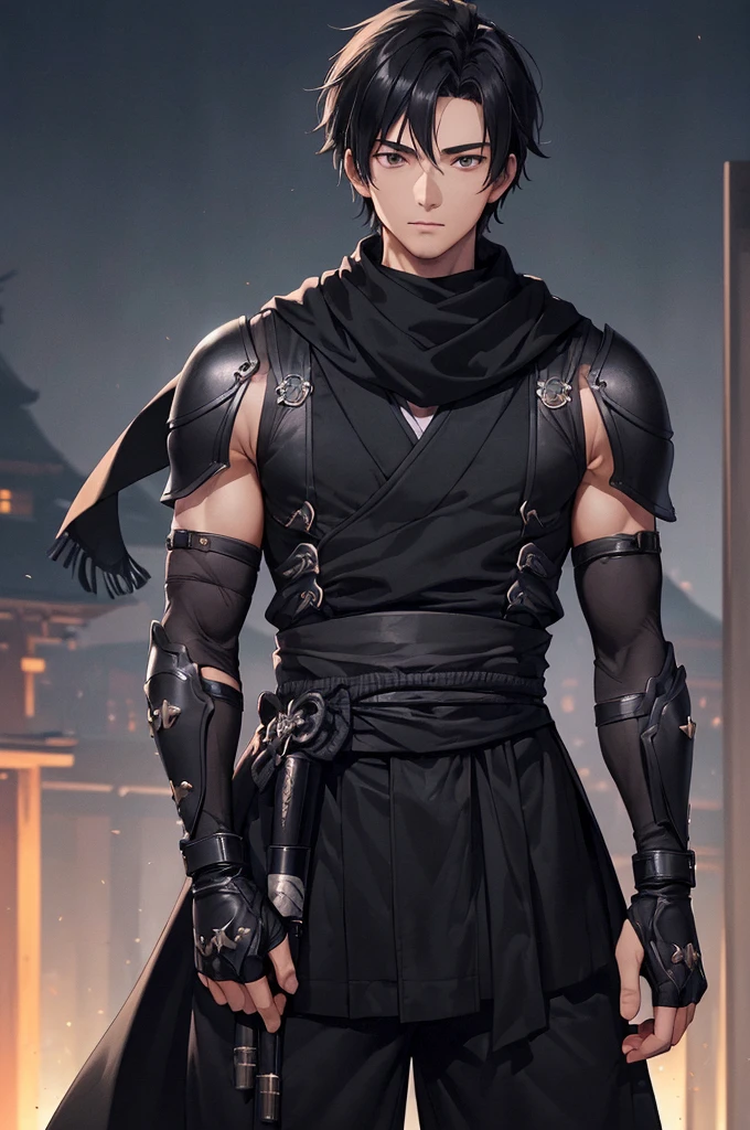(((masterpiece; best quality: 1.2))), (finely detailed eyes: 1.3), ((1 young man)), ((solo)), (black eyes: 1.4), (body shape; lean, masculine: 1.3), (very short black hair: 1.3), (beautiful and clear background: 1.2), ((depth of field)), (equipment: black shinobi clothing + fully covered + black kimono + black pants + black scarf + black bracers + black fingerless gloves + wolf mask: 1.3), (anime illustration: 1.2), (background composition; old japanese mansion + night: 1.1), (extremely fine and handsome: 1.1), (shot composition; standing + centered on torso + close-up: 1.5), (facial expression; calm, stoic: 1.2)