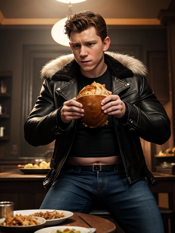 Tom Holland, Giant Belly, Big Bulge, Eating food, Bursting out of jacket, leather jacket with fur trim, long sleeves, black jeans, volumetric lighting, athletic, best quality, masterpiece, intricate details, tonemapping, sharp focus, hyper detailed, trending on Artstation, looking at viewer, realistic, Obese