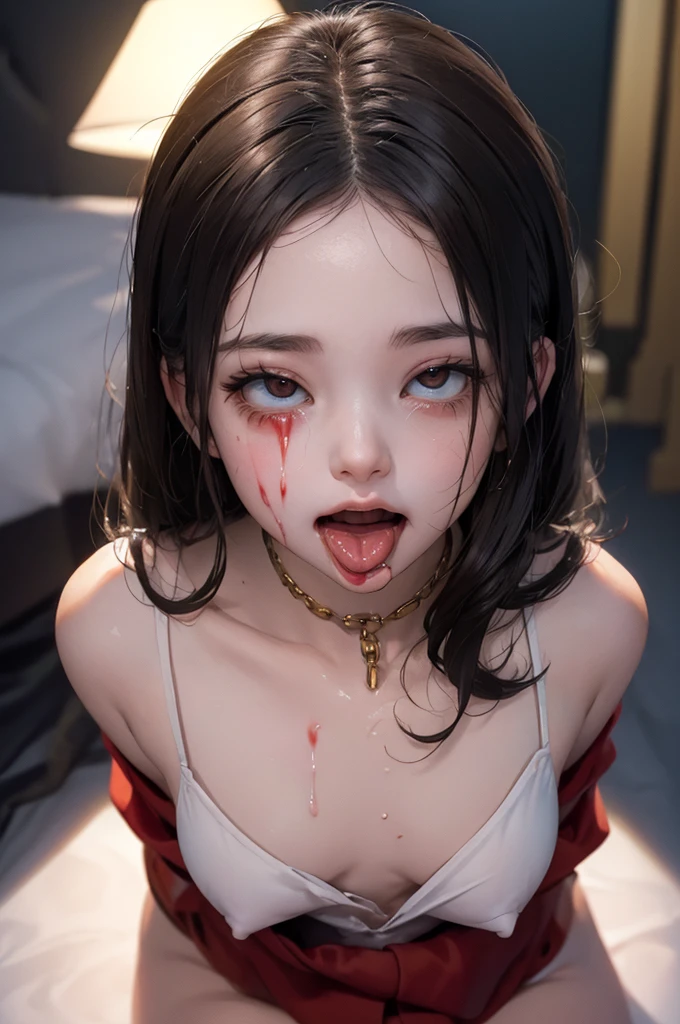 Highest quality, masterpiece, look up, cute,(Horror),(((少女の美しいzombie))),(zombie),(This girl is dead),(Being attacked),Trying to bite,(((Bleeding,Injured))),(((Shedding tears of blood))),((口からBleeding)),((Covered in blood)),(A body covered in wounds),((zombieに身体中を噛みつかれた)),((Sexy)),(sexy),((Small breasts)),(),(Middle scurbation))),((semen)),Beautiful Style,(((Lower body exposed))),((Pale skin)),(Sensual look),Sexy表情,Expressions of delight,Crazy Smile,((Ahegao)),(Dark atmosphere),(Dark atmosphere,fear),((Dim lighting))