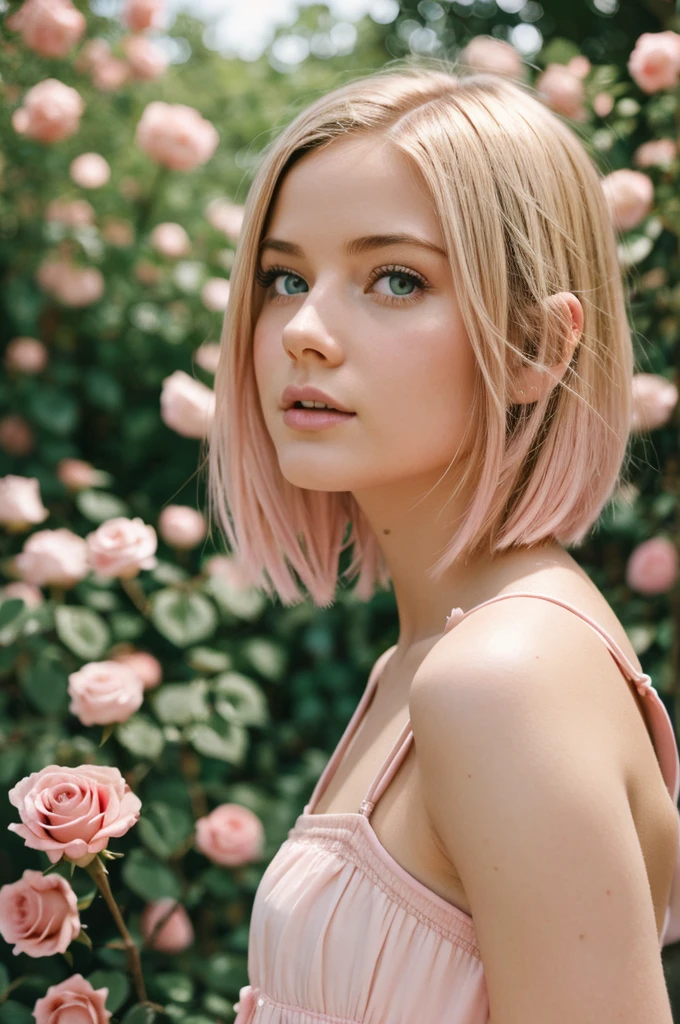 8k, raw photo, fujifilm, Style photography of a beautiful young girl like Avril in a light pink rose garden. (very detailed skin: 1.2) Style-Petal BREAK short hair, blonde hair with colored highlights, wearing a dress, film grain, 35mm, beautiful style