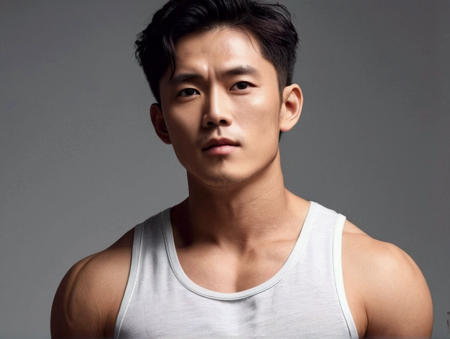 Capable person, short hair , Six Pack. Handsome and cool、whole body、Wearing a tank top