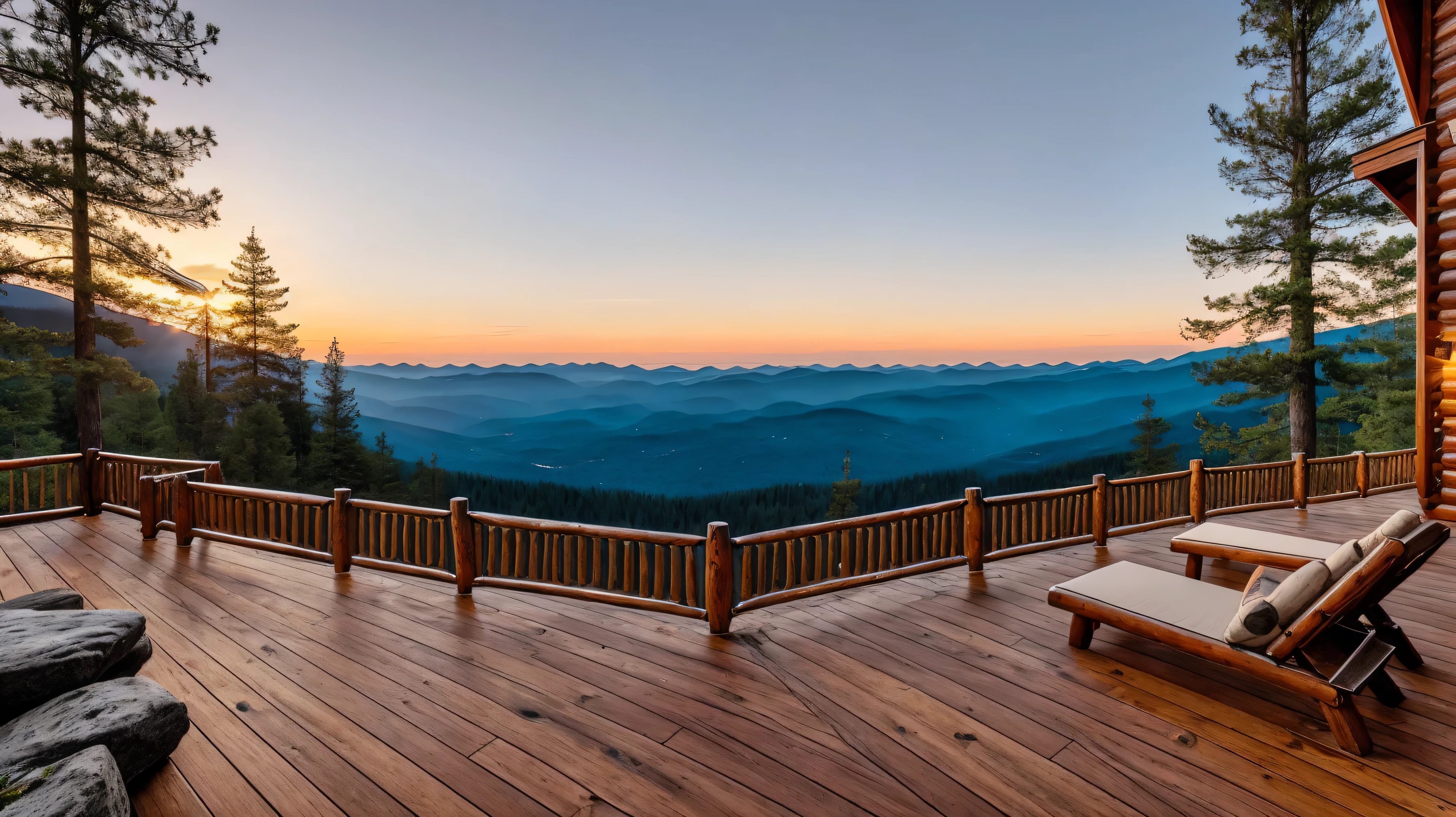 A charming A-frame mountain cabin perched on a rocky hillside, overlooking a vast valley filled with evergreen forests. The cabin has large windows and a wooden deck, offering panoramic views of the surrounding mountains. The setting sun casts a golden hue over the landscape, creating a tranquil and inviting atmosphere.