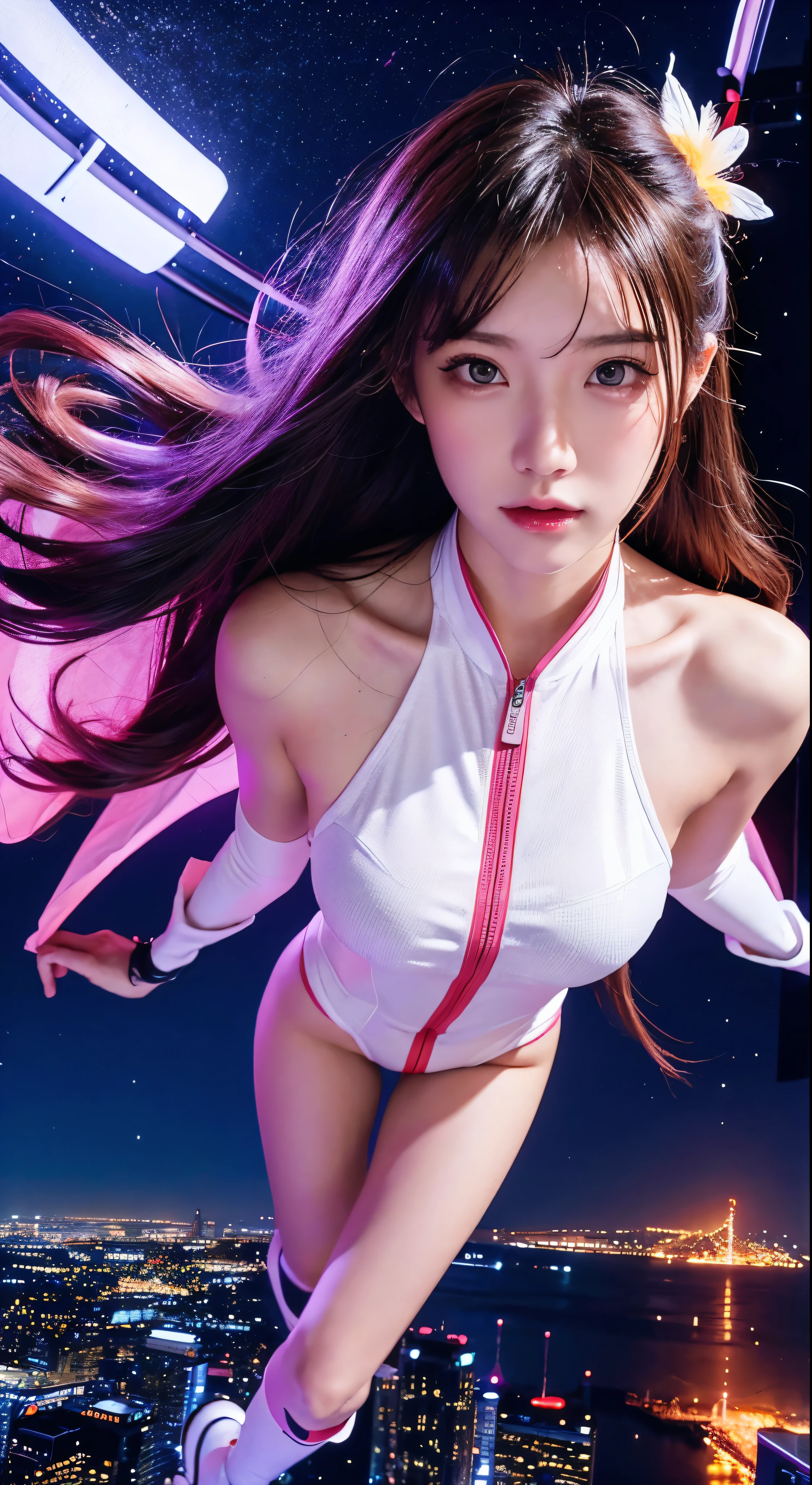 (Representative works)、Image of a flying superwoman，Highest quality、girl、Flying over the city　1girl、flying over stunning cityscapes、White armored suit with the letter S on it、Chestnut Hair、Neon colorの流れ星、Very long hair、Facial details、Feather ornament、Neon color、flash、Stunning night sky、Cinematic lighting、Photorealistic、Realistic Style、HDR、Full body high quality images