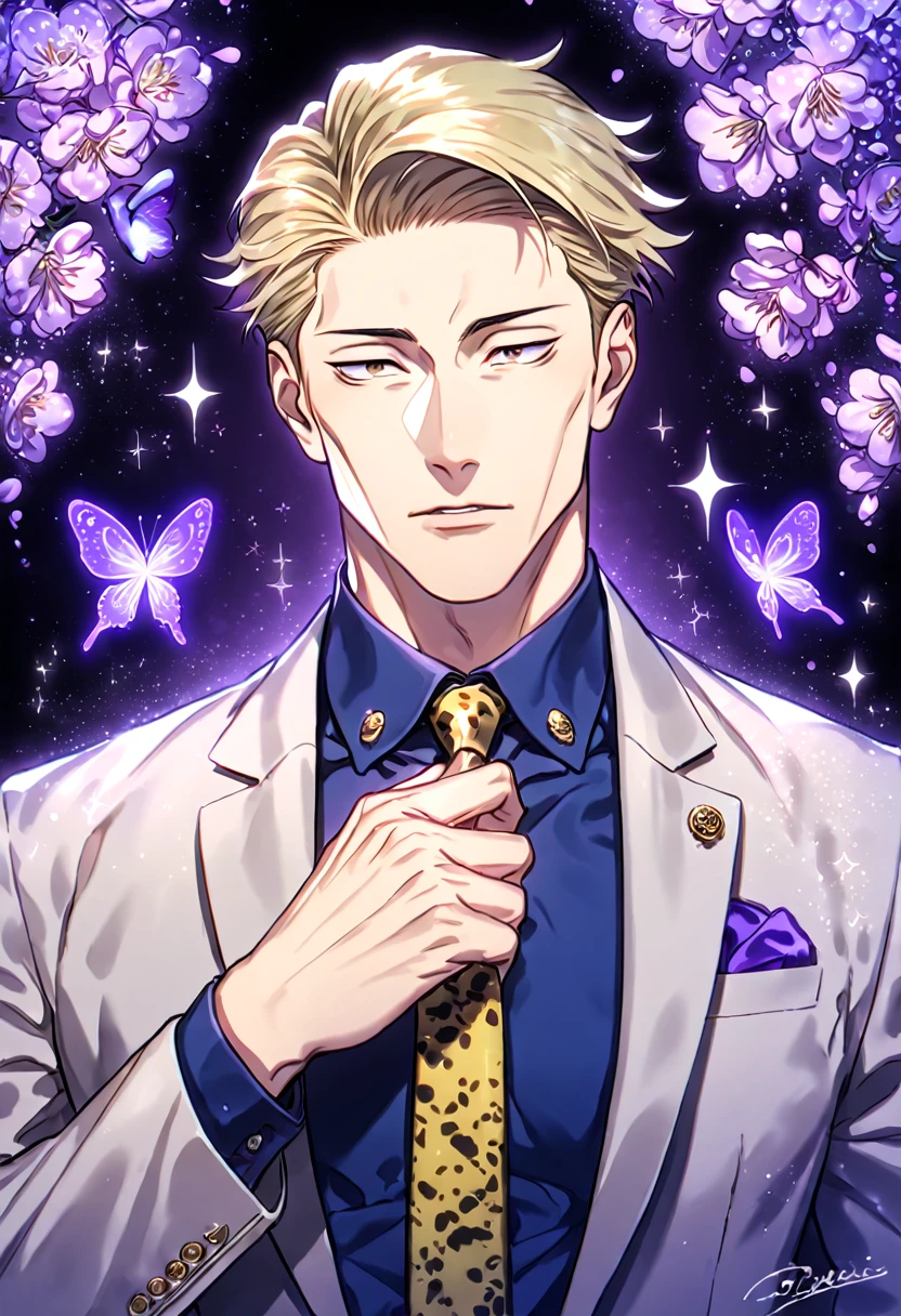 absurdres, highres, ultra detailed, HDR, master piece, best quality, Nanami Kento, blonde hair, expressive brown eyes, Jujutsu Kaisen, solo, sexy man, handsome, sensual, gray jacket, blue shirt, yellow necktie, fantasy, magical, shining, purple flowers, blossoms, water, purple petals, purple butterflies, sparkling, purple moon, starry sky, manly man