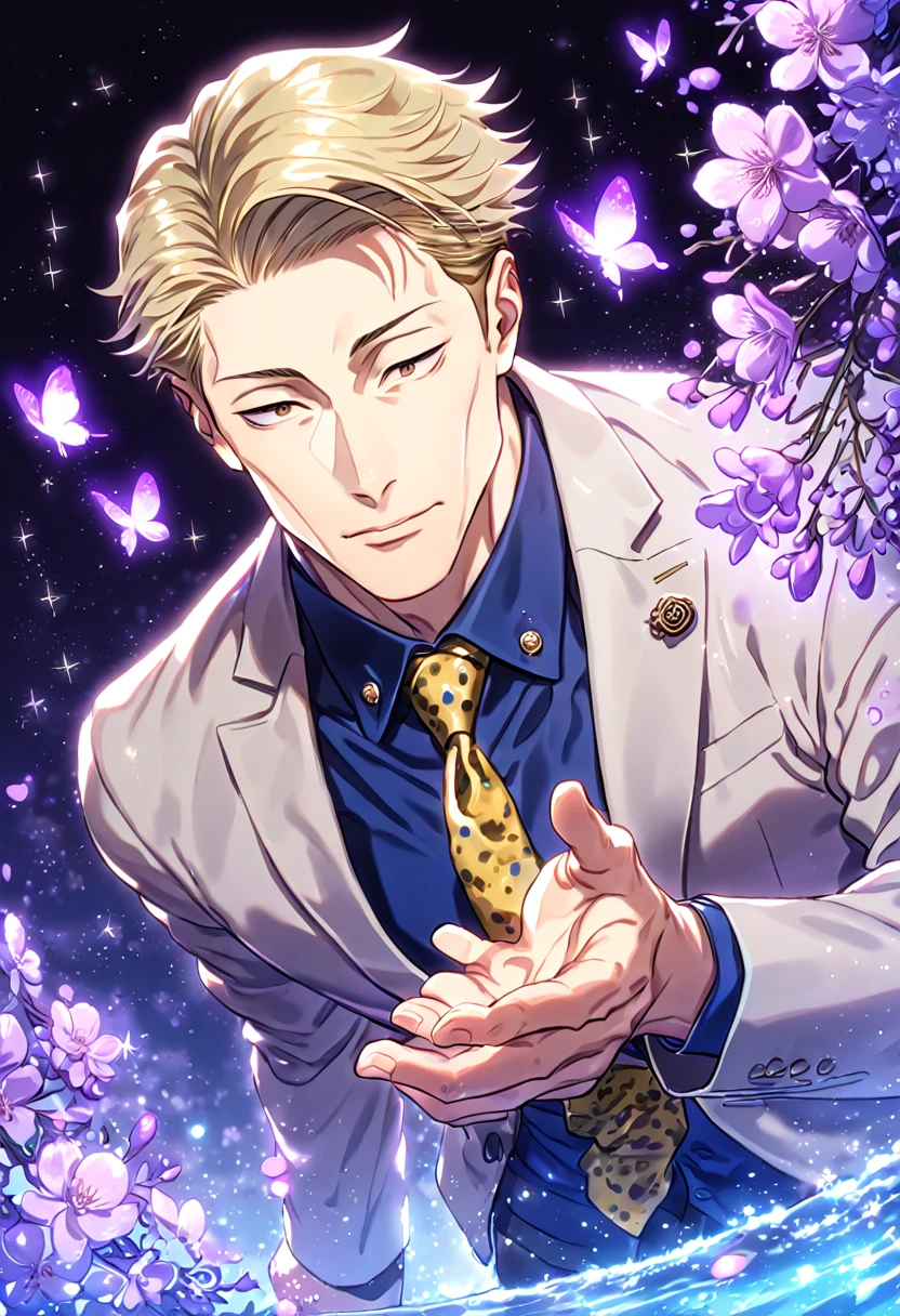 absurdres, highres, ultra detailed, HDR, master piece, best quality, Nanami Kento, blonde hair, expressive brown eyes, Jujutsu Kaisen, solo, sexy man, handsome, sensual, gray jacket, blue shirt, yellow necktie, fantasy, magical, shining, purple flowers, blossoms, water, purple petals, purple butterflies, sparkling, purple moon, starry sky, manly man