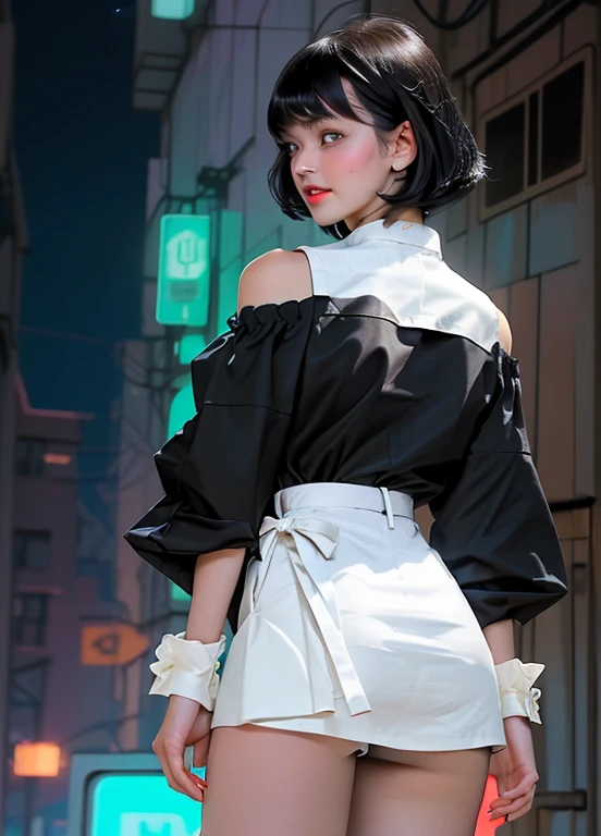 ((masterpiece))), (((top quality))), (((Super detailed))), Power Walking Poses, A woman, (((very thin body))), 18 years,(immensely large breasts,narrow waist and thick legs) (((short black bob, thick and puffy bangs))), no cosmetics, small and thin nose, big mouth with full lips, (((very focused eyes))), bright dark blue eyes, long eyelashes, Off Shoulder Bow Lace Cropped Blouse , Cropped mini skirt with lace and bows, Excessively worked fashion with shiny fabrics,contrasting and striking)), (((It is night and the image of the buildings fades into the background with a blurry image and soft neon lights.))), (((The overall accuracy is dramatic and the atmosphere is Super detailed and realistic))),great smile showing nice big white teeth,