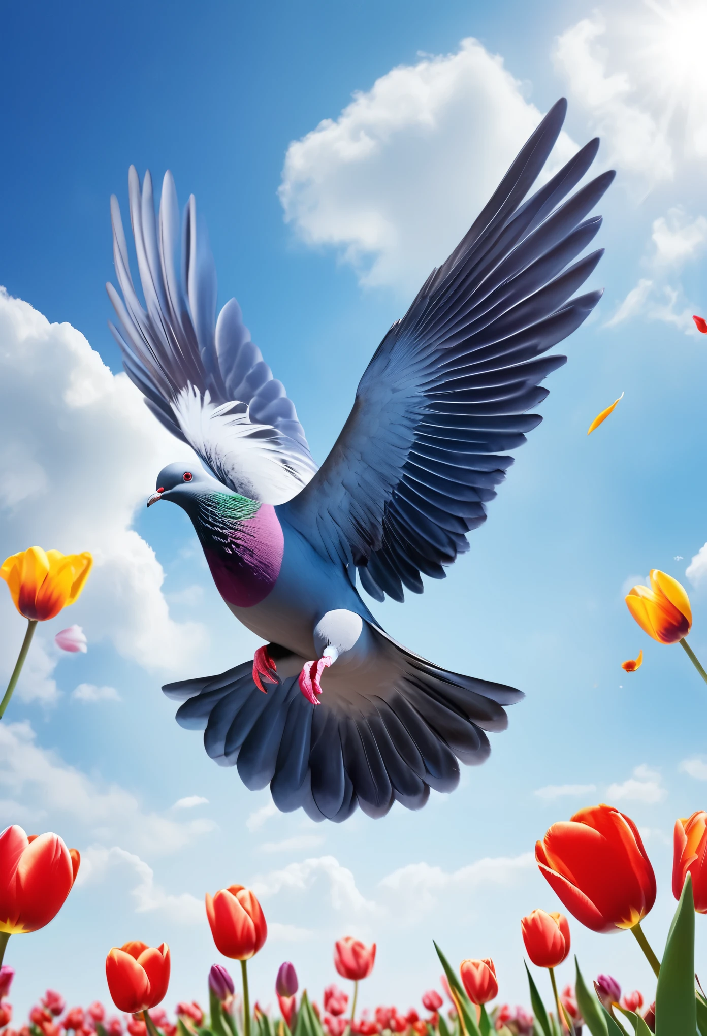 8k resolution, masterpiece, Highest quality, Award-winning works, A pigeon flying through the sky with a tulip in its beak, Symbol of peace, blue sky