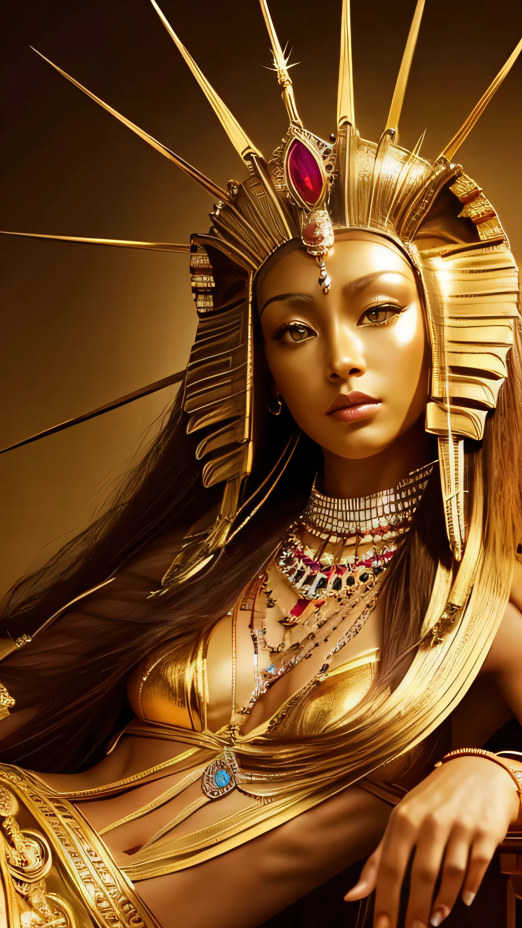 **Prompt:** Create an ultra-realistic depiction of a female Sphinx, blending the majestic features of the mythical Sphinx with the beauty and elegance of a woman. **Overall Appearance:** The female Sphinx is a stunning and regal figure, combining the grace of a lion with the beauty of a woman. **Head:** The Sphinx has the head of a beautiful woman with sharp, regal features. Her eyes are deep and wise, reflecting centuries of knowledge. Her long, flowing hair cascades into the mane of a lion. She wears a golden headdress adorned with intricate designs. **Body:** Her body is that of a powerful lion, with sleek, golden fur and muscular limbs. The lion's body exudes strength and grace. **Attire:** The Sphinx wears an ancient Egyptian-inspired dress draped elegantly over her lion body, adorned with gold and jeweled accents, emphasizing her royal nature. She has gold jewelry, such as necklaces and bracelets. **Setting:** The background features a desert landscape with pyramids in the distance. The setting sun casts a warm, golden glow over the scene, highlighting the Sphinx's majestic presence. **Pose and Action:** The Sphinx is depicted reclining, her front paws stretched out and her head held high. Her expression is calm and enigmatic, as if guarding ancient secrets. **Special Features:** - **Eyes:** Piercing and wise, capable of seeing through deceit. - **Mane:** Lush, blending with her human hair. - **Regal Jewelry:** The golden headdress and jewelry emphasize her majestic and mystical appearance. This depiction captures the grandeur and mystery of the female Sphinx, blending human intelligence with the strength and grace of a lion.