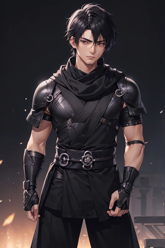 (((masterpiece; best quality: 1.2))), (finely detailed eyes: 1.3), ((1 young man)), ((solo)), (black eyes: 1.4), (body shape; lean, masculine: 1.3), (very short black hair: 1.3), (beautiful and clear background: 1.2), ((depth of field)), (equipment: black shinobi clothing + fully covered + black kimono + black pants + black scarf + black bracers + black fingerless gloves + wolf mask: 1.3), (anime illustration: 1.2), (background composition; old japanese mansion + night: 1.1), (extremely fine and handsome: 1.1), (shot composition; standing + centered on torso + close-up: 1.5), (facial expression; calm, stoic: 1.2)