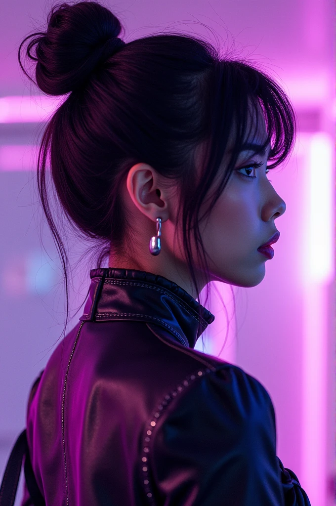pretty asian lady, side view, high fashion, purple vibe, emotive, glitch, futuristic