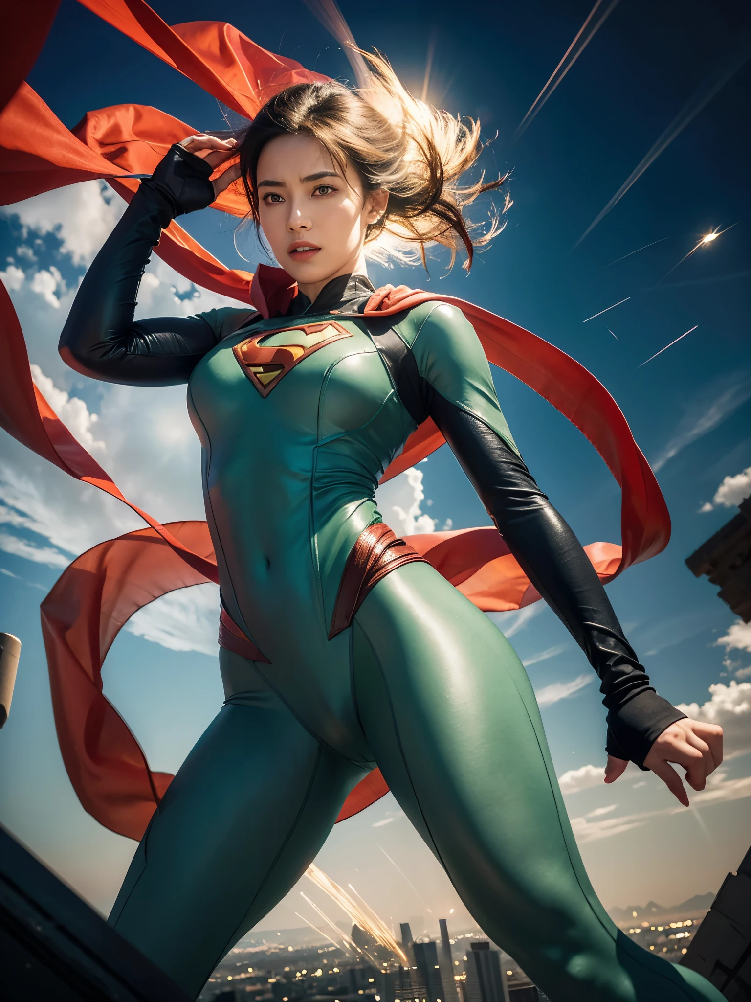 As the sun's rays bathe the city below, Superman hovers high above, his cape fluttering in the wind. His sharp gaze scans the landscape, ever vigilant for any signs of danger or distress. Suddenly, his superhuman hearing picks up the sound of a distant cry for help. In a blur of motion, he streaks across the sky, a symbol of hope and justice for all.