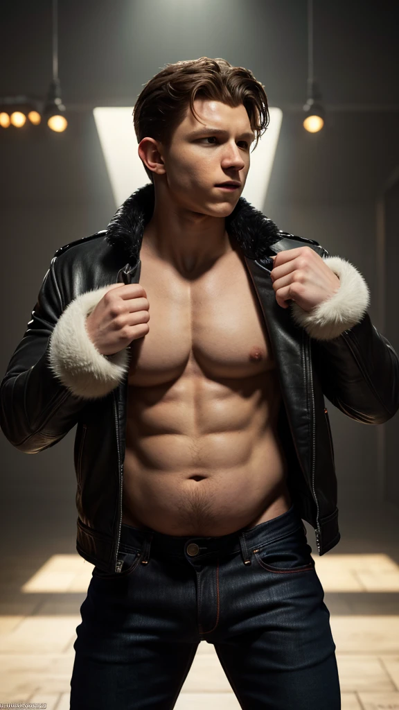 (NSFW), Tom Holland, Giant Belly, Big Bulge, Eating food, Bursting out of jacket, leather jacket with fur trim, long sleeves, black jeans, volumetric lighting, athletic, best quality, masterpiece, intricate details, tonemapping, sharp focus, hyper detailed, trending on Artstation, looking at viewer, realistic, Obese