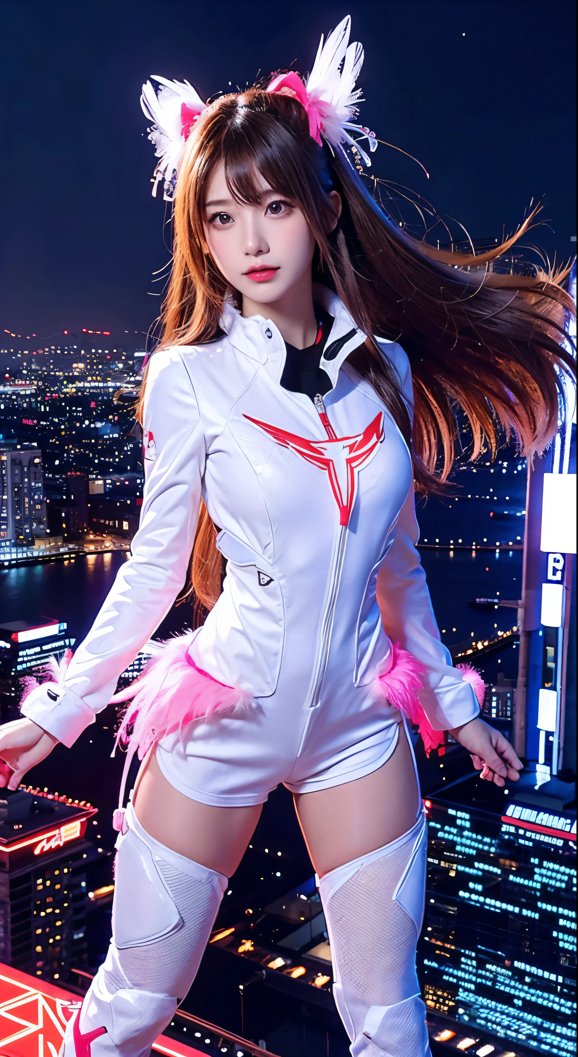 (Representative works)、Image of a flying superwoman，Highest quality、girl、Flying over the city　1girl、flying over stunning cityscapes、White armored suit with the letter S on it、Chestnut Hair、Neon colorの流れ星、Very long hair、Facial details、Feather ornament、Neon color、flash、Stunning night sky、Cinematic lighting、Photorealistic、Realistic Style、HDR、Full body high quality images