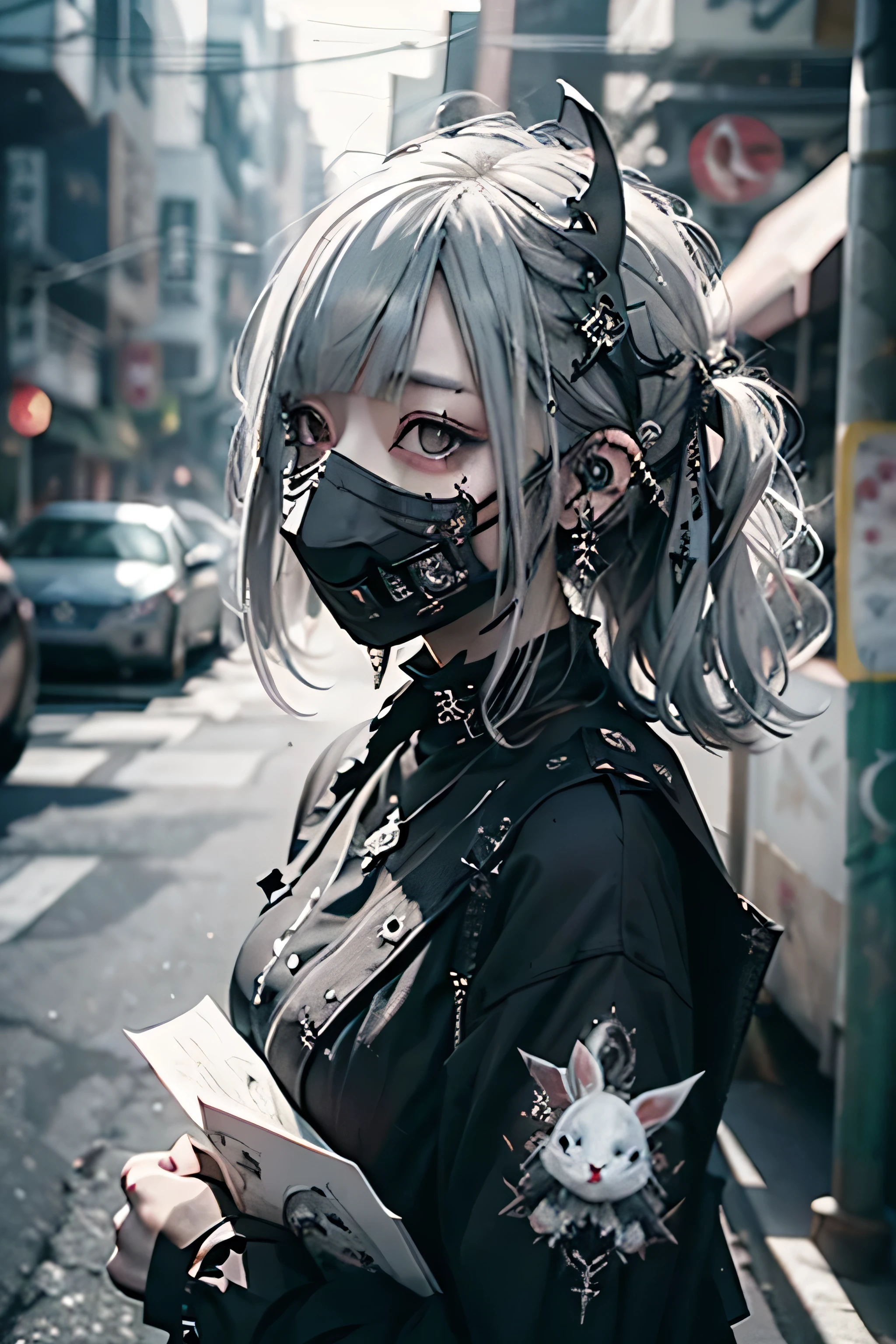 Highest quality、8k、masterpiece:1.3、Gothic Punk、The inside color is red、Black-haired、hair ornaments、Cute girl、creative、Dark Fantasy Style、Neogoth、Goth Fashion:1.2、High resolution、masterpiece、Highest quality、((Hasselblad Photos))、Fine skin、Sharp focus、(Cinematic lighting)、Realistic textured hair、(((White Mask))),whole bodyエズビアン、((Silver Hair))、whole body、((Bunny girl))