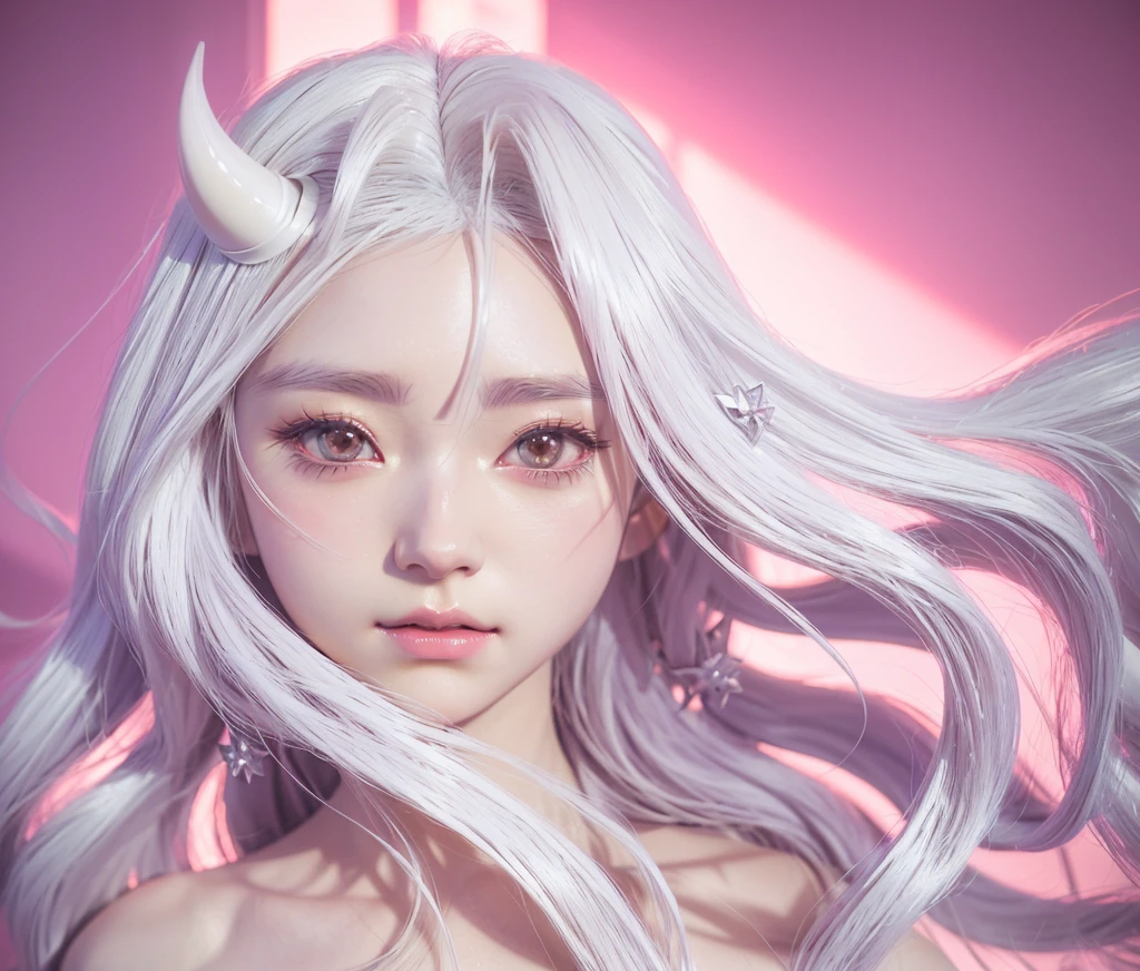 Anime girl with long white hair and horns on her head, artwork in the style of Gwaiz, Trending on cgstation, 3D Anime Real, Anime-style 3D, Realistic Anime 3D Style, Anime CG, Gwaiz, Smooth anime CG art, White Horned Queen Devil, Cute 3D anime girl render, Anime CG style