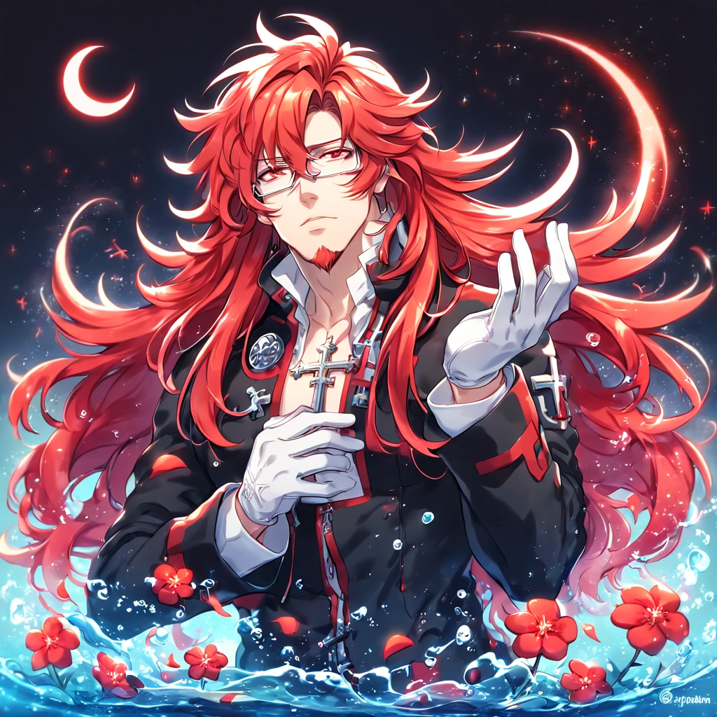 absurdres, highres, ultra detailed, HDR, master piece, Marian Cross, red hair, long hair, messy hair, red goatee, expressive red eyes, rectangular glasses, black coat, white gloves, D.Gray-man, sexy man, handsome, best quality, red glittering crescent moon, red flowers, fantasy, magical, solo, water, red shining fireflies, red petals, sensual, horny, manly man, cross