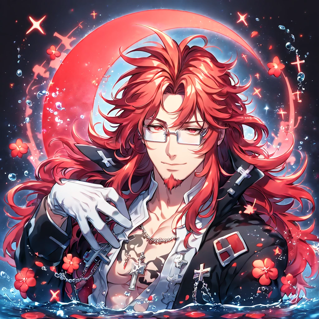 absurdres, highres, ultra detailed, HDR, master piece, Marian Cross, red hair, long hair, messy hair, red goatee, expressive red eyes, rectangular glasses, black coat, white gloves, D.Gray-man, sexy man, handsome, best quality, red glittering crescent moon, red flowers, fantasy, magical, solo, water, red shining fireflies, red petals, sensual, horny, manly man, cross