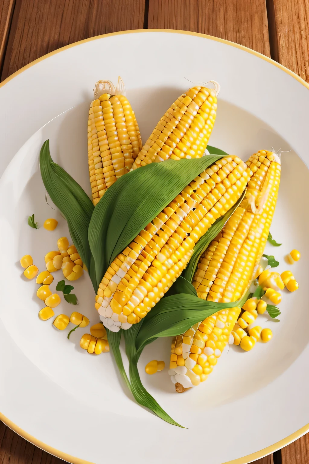 Illustrations for children's picture books,realistic, detailed illustration,plate,dinner , (only yellow corn on dish:1.2), only yellow corn, no other fruits, bananas, table, on, placed, bright, single-color, background, arrangement, red fruit, soft warm colors, fine details, simple background, hand-painted style, digital art touch,(illustration:1.5), (Watercolor:1,2), (focus on corn:1.3), white background, blurry background