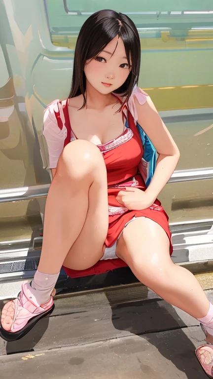 Asian woman in her fifties wearing a red dress sitting on the train tracks, Young Sensual Gravure Idol, Young and cute gravure idol, Young and skinny gravure idol, Young Gravure Idol, Ayaka, Young Japanese girl, Asian Girl, Japanese Model, realistic Young Gravure Idol, rumiko, Sana Takeda, young Asian Girl, A sophisticated gravure idol