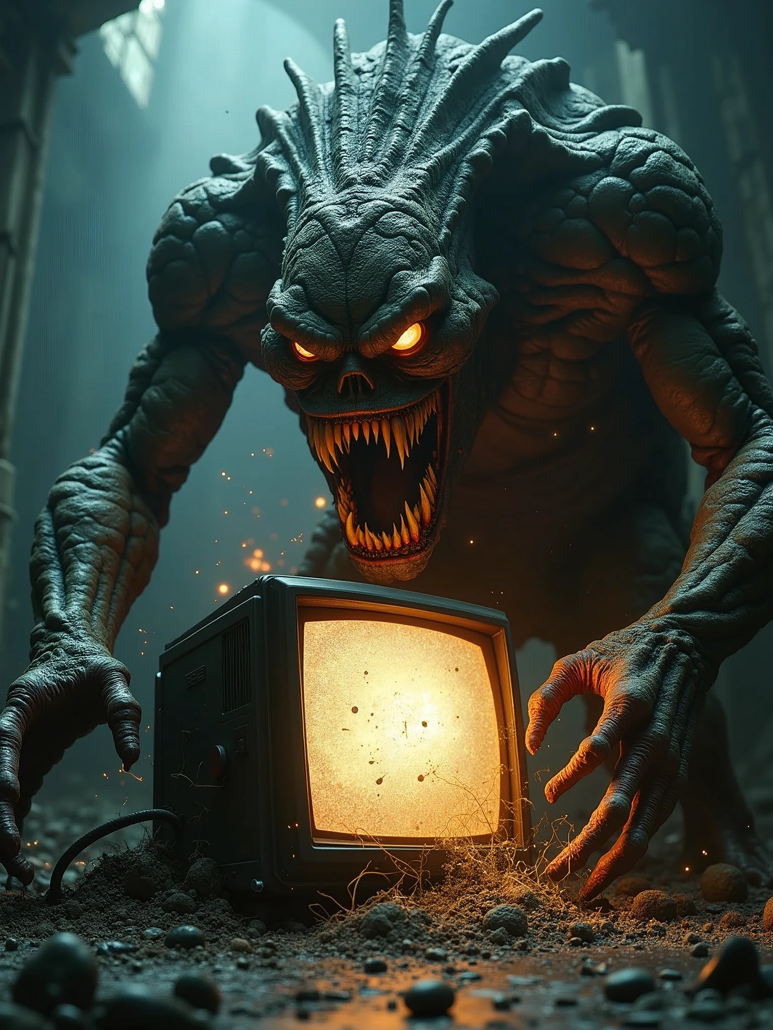 a terrorific monster chomping a tv