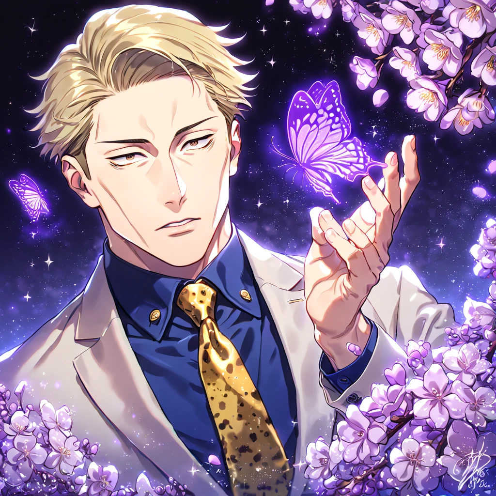 absurdres, highres, ultra detailed, HDR, master piece, best quality, Nanami Kento, blonde hair, expressive brown eyes, Jujutsu Kaisen, solo, sexy man, handsome, sensual, gray jacket, blue shirt, yellow necktie, fantasy, magical, shining, purple flowers, blossoms, water, purple petals, purple butterflies, sparkling, purple moon, starry sky, manly man