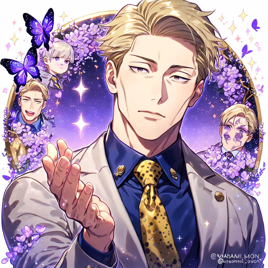 absurdres, highres, ultra detailed, HDR, master piece, best quality, Nanami Kento, blonde hair, expressive brown eyes, Jujutsu Kaisen, solo, sexy man, handsome, sensual, gray jacket, blue shirt, yellow necktie, fantasy, magical, shining, purple flowers, blossoms, water, purple petals, purple butterflies, sparkling, purple moon, starry sky, manly man