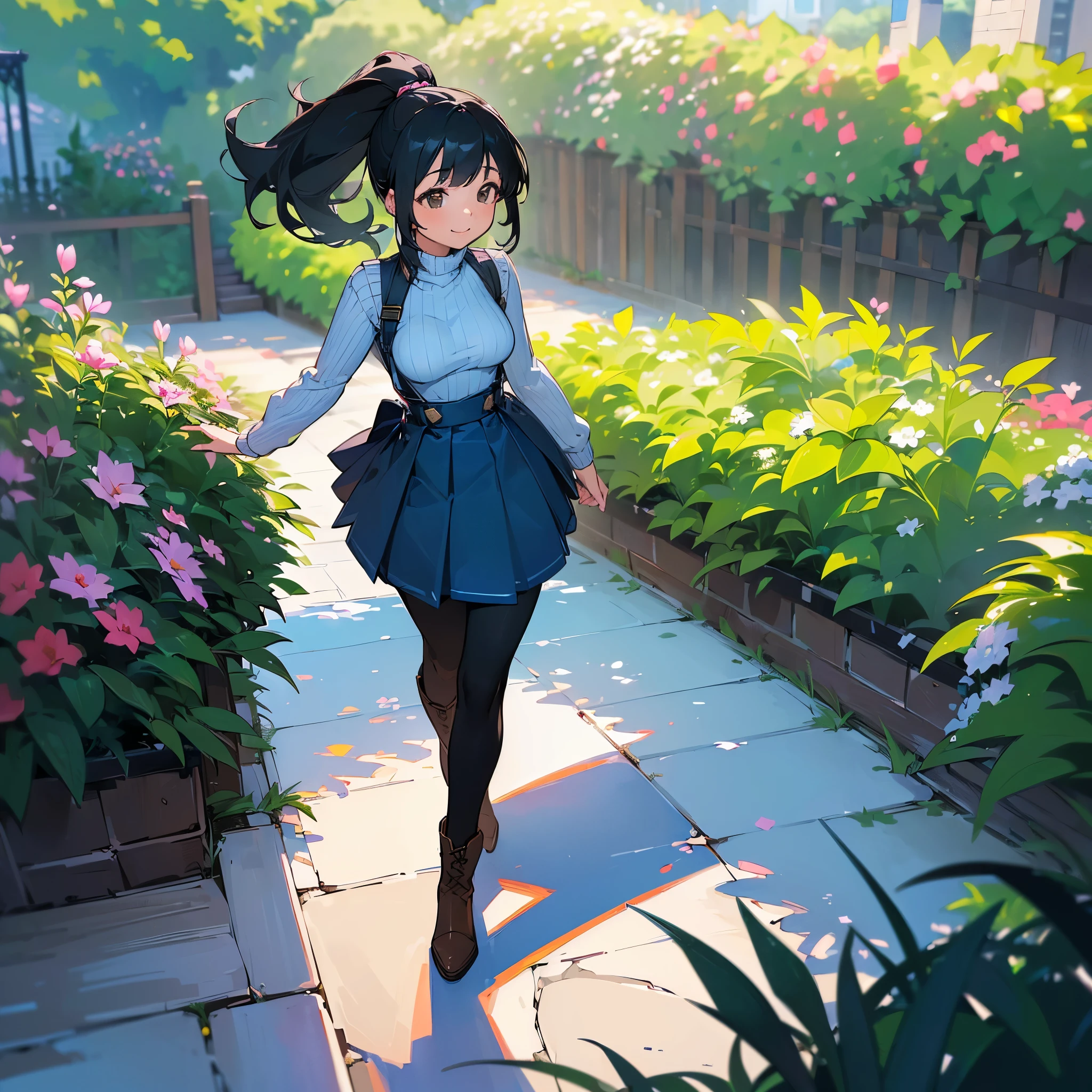 (high quality, High resolution, Very detailed, reality:1.37), Peaceful atmosphere, (Outdoor, garden),  girl standing alone, (my breasts are big.), Beautiful details, Cute Smile, (Black hair ponytail), Ribbed sweater, Blue Skirt, Black tights, Brown boots.