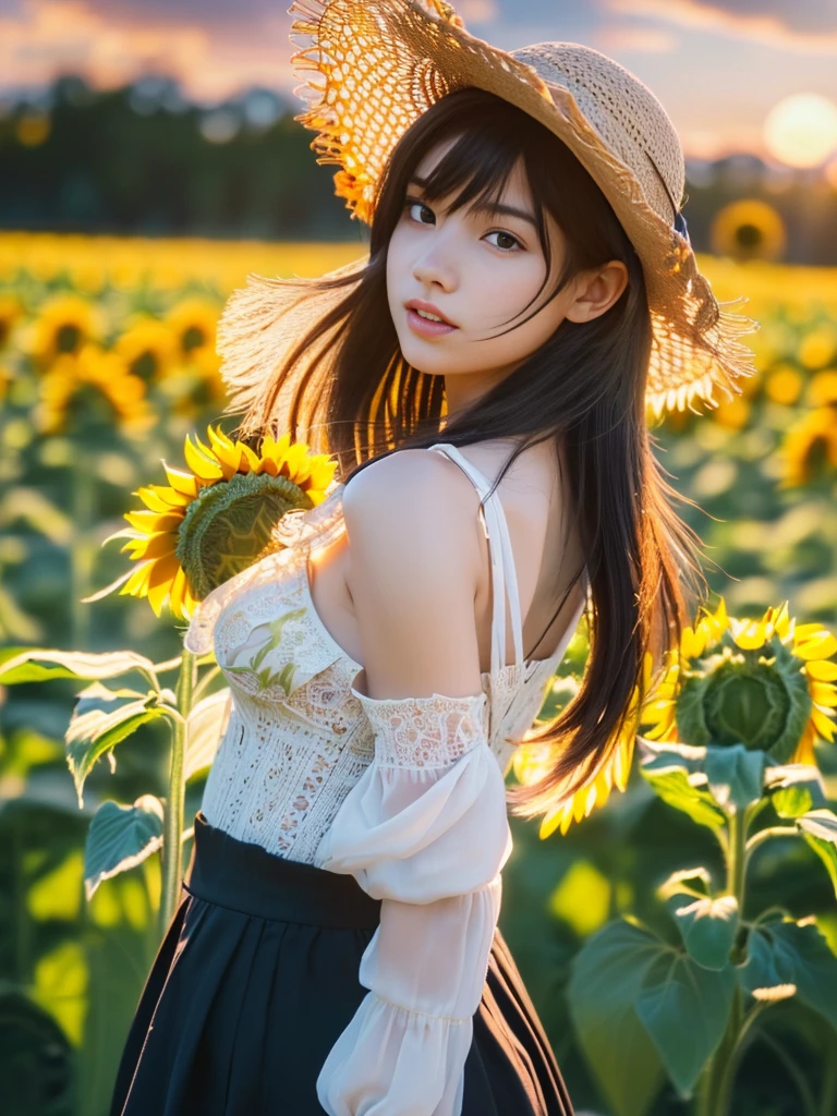 (Highly detailed CG Unity 16k wallpaper:1.1), (Noise reduction strength: 1.45), (tTabletop:1.37), ((A girl in a straw hat looking back in a sunflower field), (Best lighting, Best Shadow, Very delicate and beautiful), The girl in the center of the picture, Small , ((Sunflowers with ultimate detail)), Beautifully detailed skies, Perfect body, (Beautifully detailed face), Very delicate and beautiful女の子, Sunflower fields at sunset, sunset, Black Hair, Beautifully detailed clouds, (((Highly detailed CG Unity 8k wallpaper, Ultra-, God&#39;s Rays, Spark of Light, Shining Light, Tabletop, Highest quality