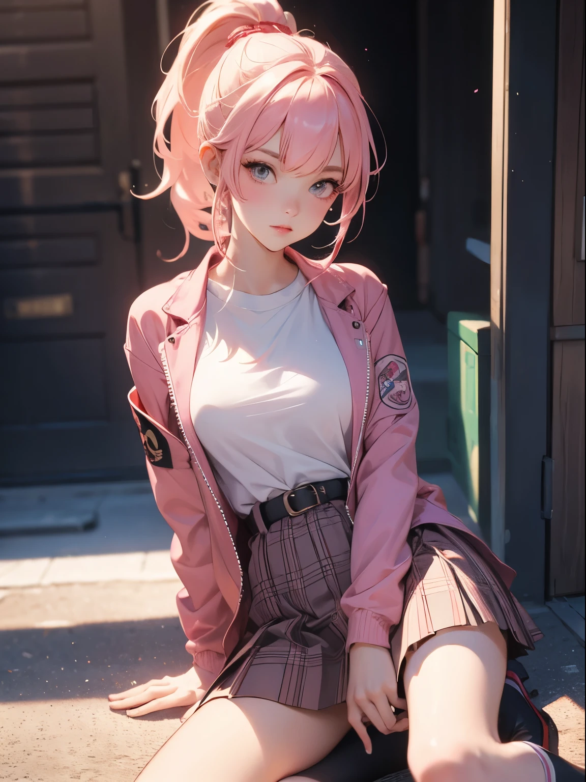 (masterpiece), (best quality), (High contrast), (Realistic), 1 girl, pink hair, ponytail hairstyle, bangs, (beautiful detailed face: 1.0), brown eyes, feminine focus, red fitted school jacket, (tight clothes), white t-shirt, sensual cleavage, big breasts, (perfect body), white plaid miniskirt, beautiful hip, slender legs, white socks, school shoes, school, (8k lighting),