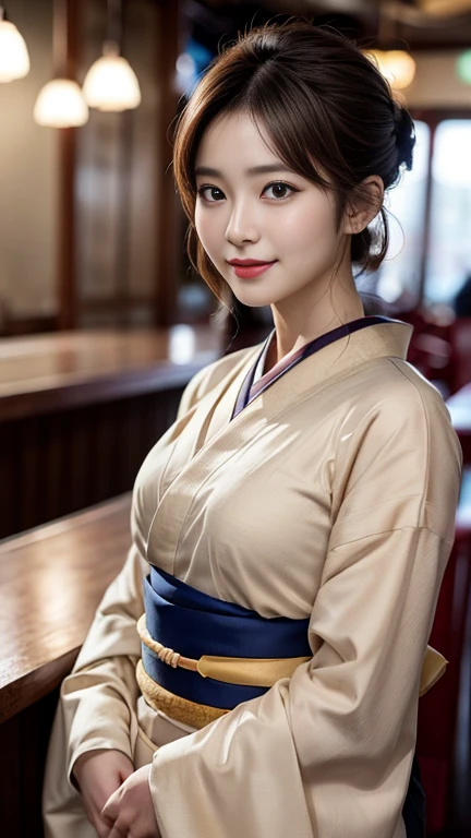 photography of a brightly sangmi nam who is korean actress,masterpiece,photorealistic,analog,realism,korean idol,slim leg, long_brown_hair,1 girl,solo, {beautiful and detailed eyes},calm expression, natural and soft light,delicate facial features, Blunt bangs, beautiful Korean girl, eye smile,28yo, ((model pose)), Glamor body type,half red and half hair, flim grain, realhands, masterpiece, Best Quality, photorealistic, ultra-detailed, finely detailed, high resolution,brown messy hair, perfect dynamic composition, beautiful detailed eyes,Korean girl,((nervous and embarrassed)),sharp-focus, beautymix, FilmGirl,(hair in an updo:1.3),(wearing a beige kimono:1.3),facing reality,(smile:1.3),(You must be standing at the bar:1.3),(upperbody shot:1.3),night scene