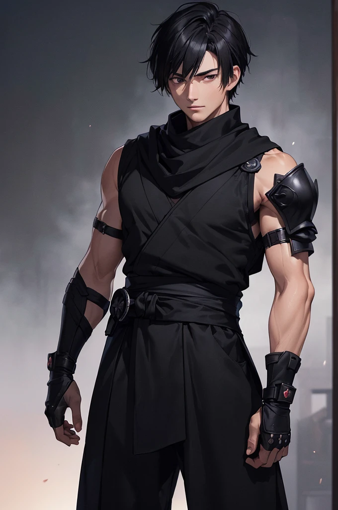 (((masterpiece; best quality: 1.2))), (finely detailed eyes: 1.3), ((1 young man)), ((solo)), (black eyes: 1.4), (body shape; lean, masculine: 1.3), (very short black hair: 1.3), (beautiful and clear background: 1.2), ((depth of field)), (equipment: black shinobi clothing + fully covered + black kimono + black pants + black scarf + black bracers + black fingerless gloves + wolf mask: 1.3), (anime illustration: 1.2), (background composition; old japanese mansion + night: 1.1), (extremely fine and handsome: 1.1), (shot composition; standing + centered on torso + close-up: 1.5), (facial expression; calm, stoic: 1.2)