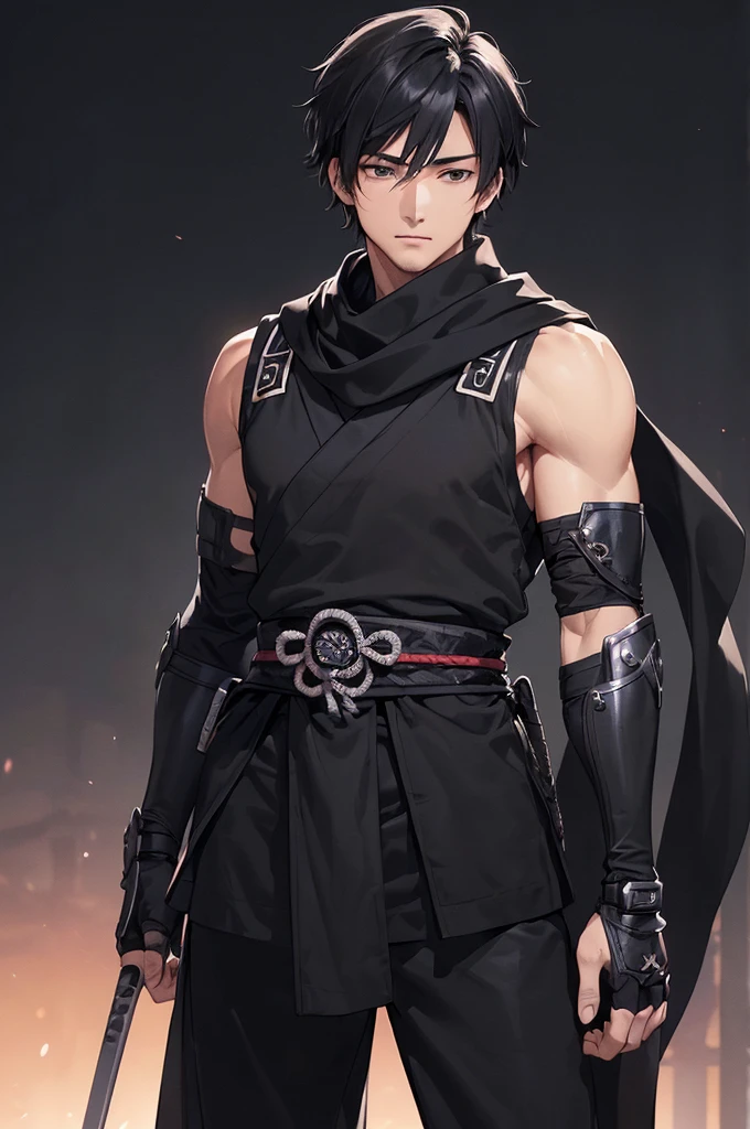 (((masterpiece; best quality: 1.2))), (finely detailed eyes: 1.3), ((ung man)), ((solo)), (black eyes: 1.4), (body shape; lean, masculine: 1.3), (very short black hair: 1.3), (beautiful and clear background: 1.2), ((depth of field)), (equipment: black shinobi clothing + fully covered + black kimono + black pants + black scarf + black bracers + black fingerless gloves + wolf mask: 1.3), (anime illustration: 1.2), (background composition; old japanese mansion + night: 1.1), (extremely fine and handsome: 1.1), (shot composition; standing + centered on torso + close-up: 1.5), (facial expression; calm, stoic: 1.2)