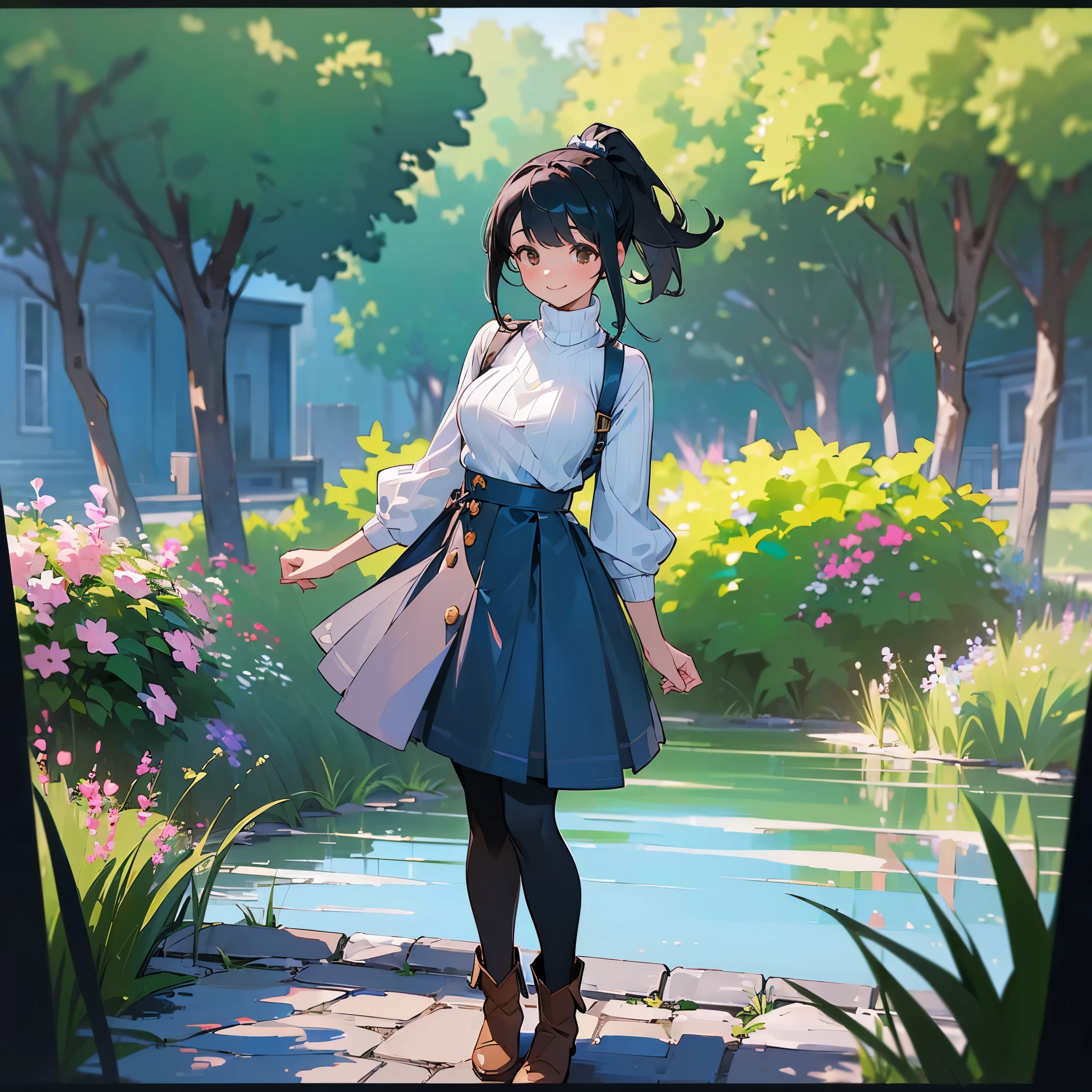 (high quality, High resolution, Very detailed, reality:1.37), Peaceful atmosphere, (Outdoor, garden), age girl standing alone, (my breasts are big.), Beautiful details, Cute Smile, (Black hair ponytail), Ribbed sweater, Blue Skirt, Black tights, Brown boots.