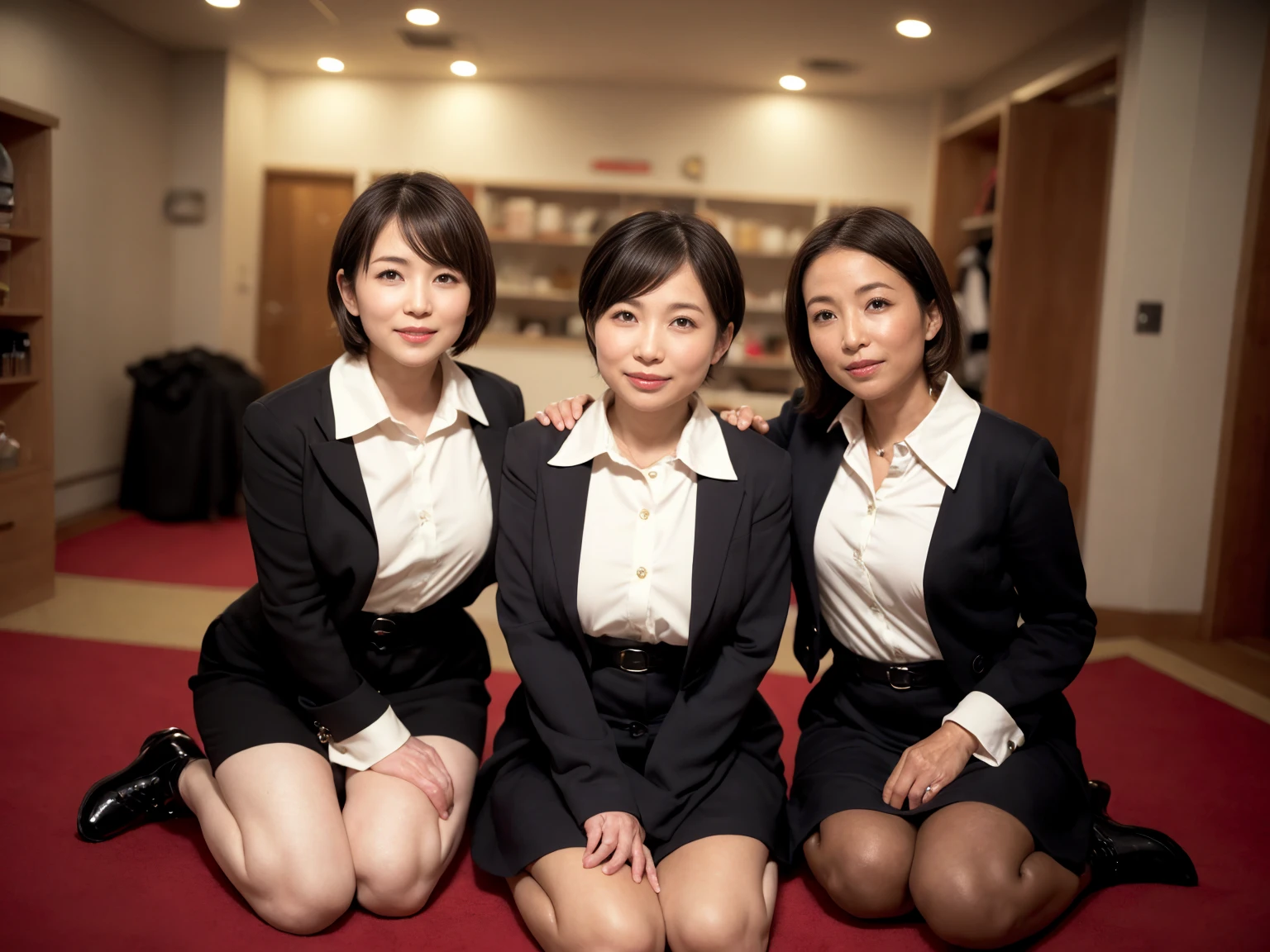 masterpiece, Highest quality, figure, Very detailed, The finer details, High resolution, 8k,wallpaper, Perfect dynamic composition,(Detailed high quality, Realistic depiction of eyes:1.3), (Three Mature Women),(A tight-fitting waitress uniform with buttons on the collar and chest), Seraphim, Short Bob Hair, The background is an empty changing room, Deep in the field, Black hair color, Big Natural Color Lip, (Perfect figure), (smile)、Harajuku Style、日本の50 years oldの女性:1.4), Adorable expression、Expressions of happiness、50 years old、Beautiful feet, Idol Sculpture、Fine lines all over the face、(Wrinkles around the eyes:1.3)、(wrinkles around the mouth:1.3)、Big Breasts、(Erect nipples)