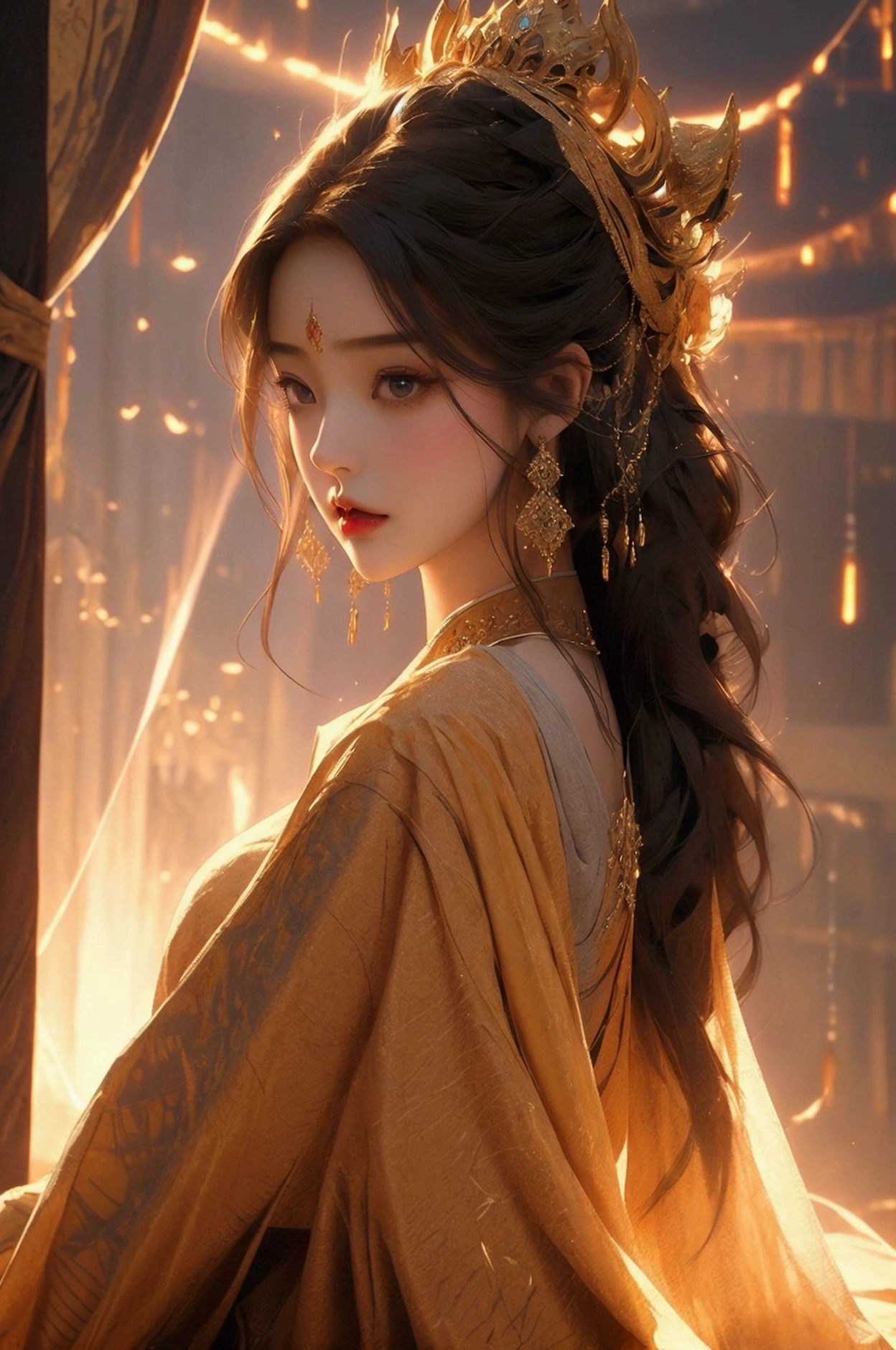 a radiant fantasy landscape, a girl in the center, beautiful detailed eyes, beautiful detailed lips, extremely detailed face, long eyelashes, ornate golden crown, intricate golden jewelry, flowing dress, ethereal glowing aura, sunbeams shining through clouds, vivid colors, dramatic lighting, dramatic cinematic composition, photorealistic, highly detailed, 8k, best quality, masterpiece