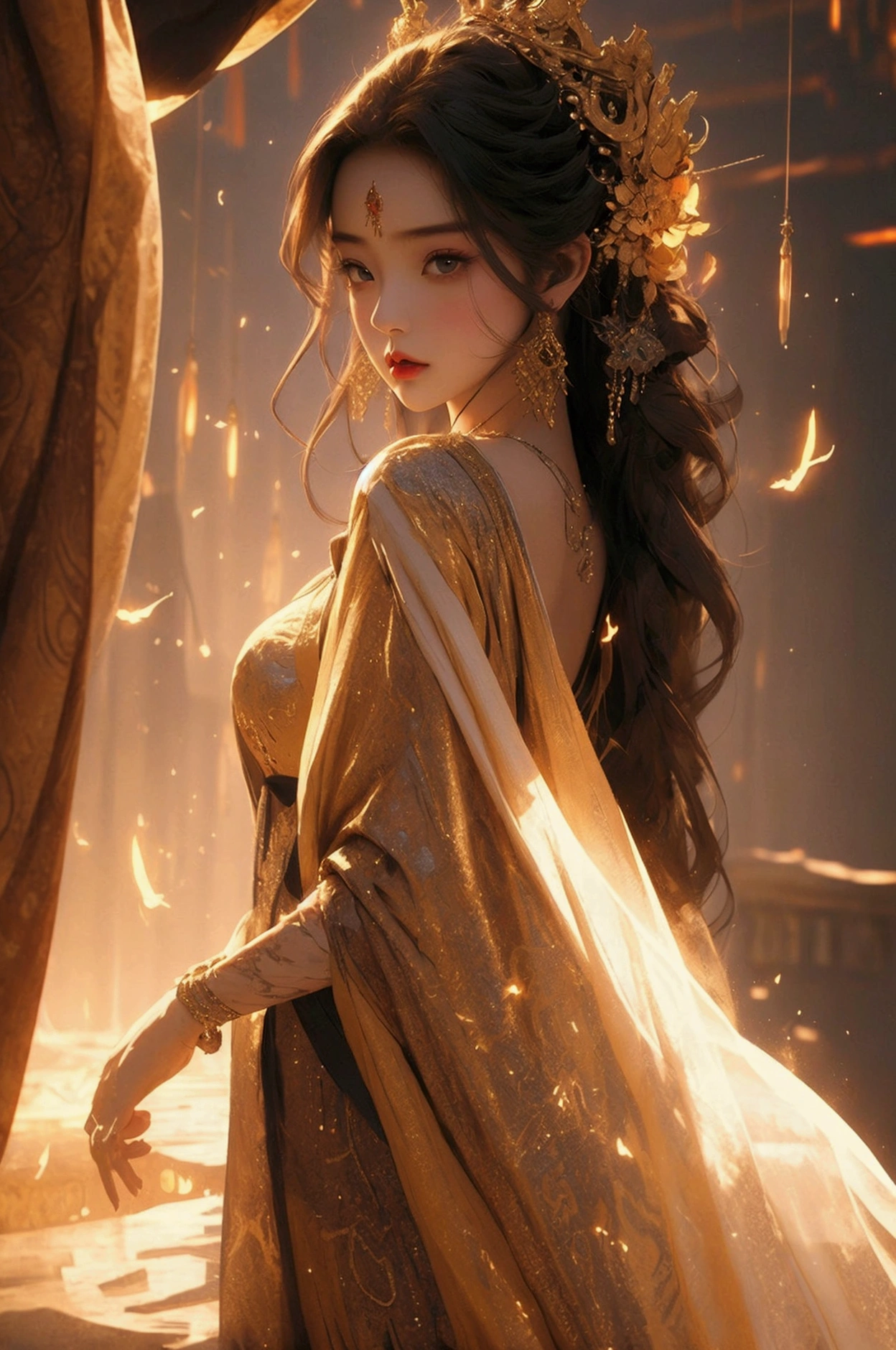 a radiant fantasy landscape, a girl in the center, beautiful detailed eyes, beautiful detailed lips, extremely detailed face, long eyelashes, ornate golden crown, intricate golden jewelry, flowing dress, ethereal glowing aura, sunbeams shining through clouds, vivid colors, dramatic lighting, dramatic cinematic composition, photorealistic, highly detailed, 8k, best quality, masterpiece