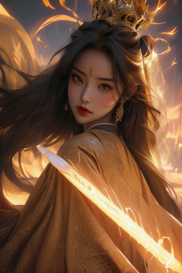 a radiant fantasy landscape, a girl in the center, beautiful detailed eyes, beautiful detailed lips, extremely detailed face, long eyelashes, ornate golden crown, intricate golden jewelry, flowing dress, ethereal glowing aura, sunbeams shining through clouds, vivid colors, dramatic lighting, dramatic cinematic composition, photorealistic, highly detailed, 8k, best quality, masterpiece