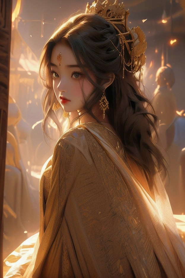 a radiant fantasy landscape, a girl in the center, beautiful detailed eyes, beautiful detailed lips, extremely detailed face, long eyelashes, ornate golden crown, intricate golden jewelry, flowing dress, ethereal glowing aura, sunbeams shining through clouds, vivid colors, dramatic lighting, dramatic cinematic composition, photorealistic, highly detailed, 8k, best quality, masterpiece