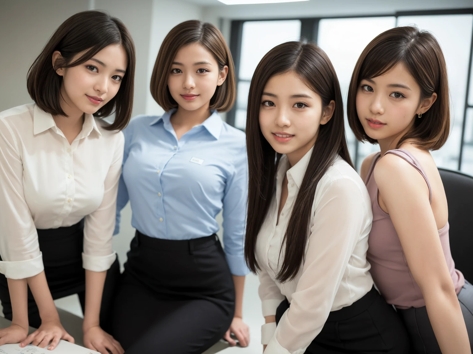 masterpiece, Highest quality, figure, Very detailed, The finer details, High resolution, 8k,wallpaper, Perfect dynamic composition,(Detailed high quality, Realistic depiction of eyes:1.3), (Three Girls), A tight-fitting business shirt with buttons on the collar and chest, Short tight skirt, Seraphim, Short Bob Hair, The background is an empty office, Deep in the field, Black hair color, Big Natural Color Lip, (Perfect figure), (smile)、Harajuku Style、Beautiful Japanese women:1.4), Adorable expression、Expressions of happiness、Very beautiful、Beautiful feet, Idol Sculpture
