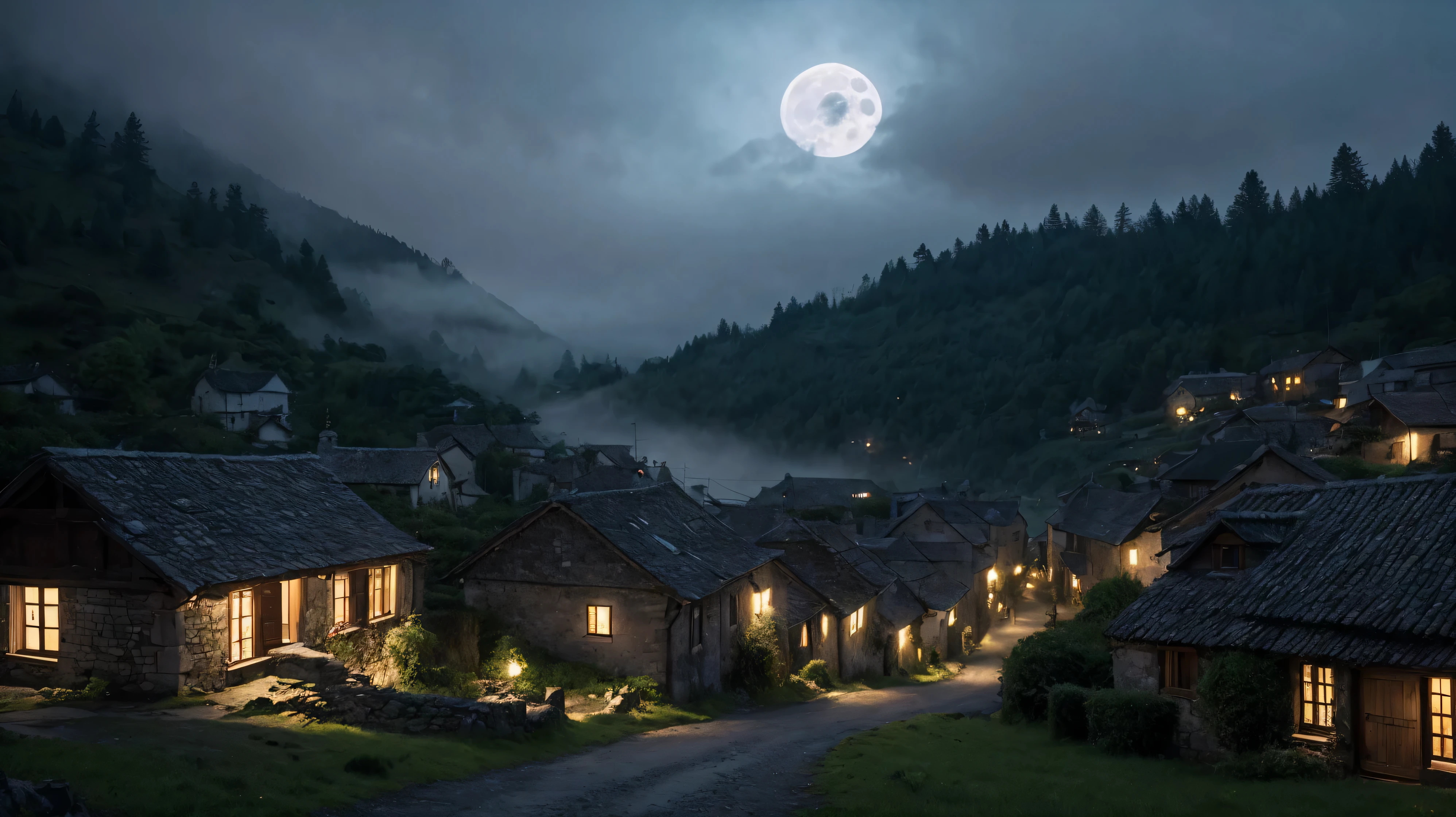 A quiet, remote village nestled among misty hills, with ancient stone houses and narrow cobblestone streets. A full moon hangs ominously in the sky. In the background, a dense, shadowy forest looms, creating an eerie atmosphere. Villagers whisper in fear, hinting at a dark legend of a witch who appears during the full moon.