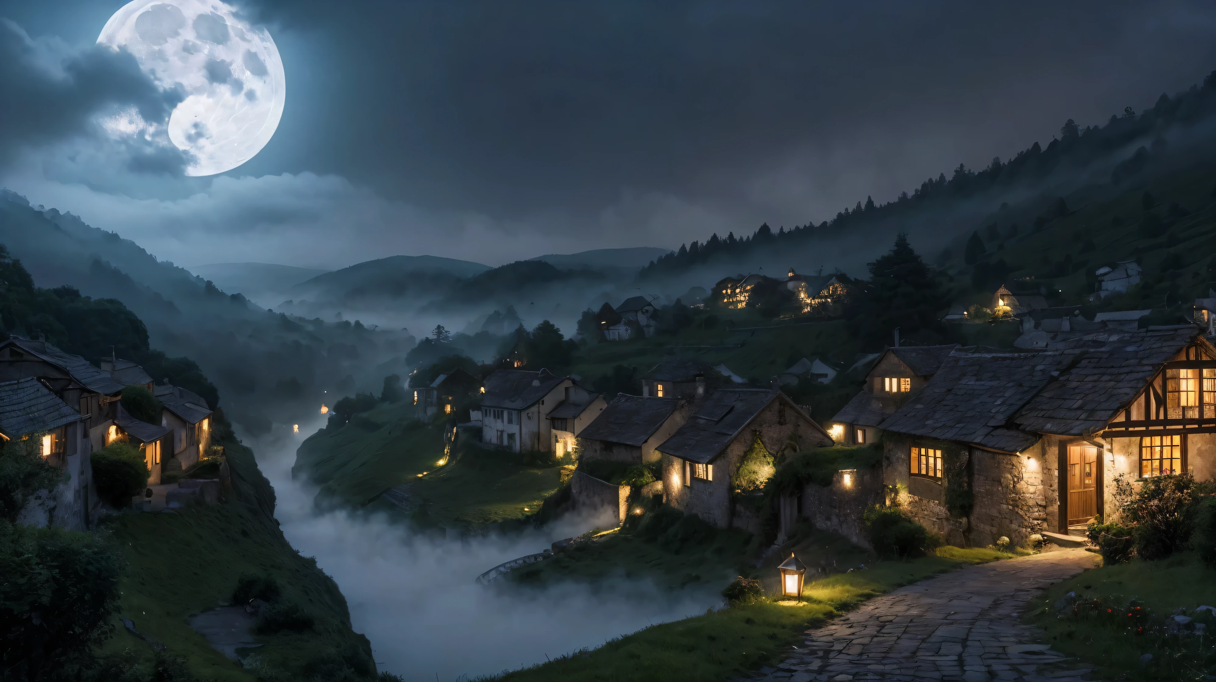 A quiet, remote village nestled among misty hills, with ancient stone houses and narrow cobblestone streets. A full moon hangs ominously in the sky. In the background, a dense, shadowy forest looms, creating an eerie atmosphere. Villagers whisper in fear, hinting at a dark legend of a witch who appears during the full moon.