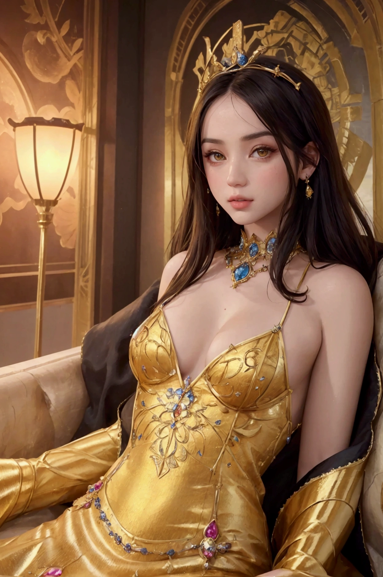 a radiant fantasy landscape, a girl in the center, beautiful detailed eyes, beautiful detailed lips, extremely detailed face, long eyelashes, ornate golden crown, intricate golden jewelry, flowing dress, ethereal glowing aura, sunbeams shining through clouds, vivid colors, dramatic lighting, dramatic cinematic composition, photorealistic, highly detailed, 8k, best quality, masterpiece