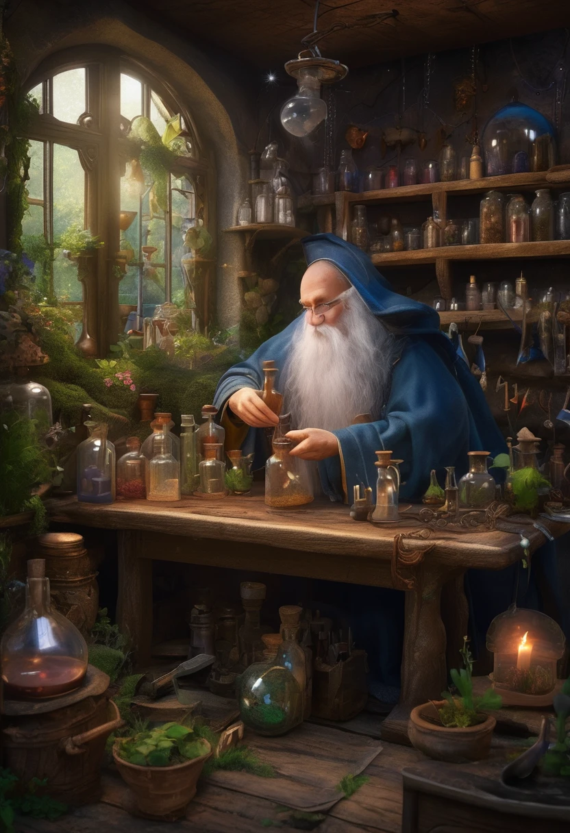 An old wizard and a little fairy, the wizard dressed in long naval robes stands in his workshop, surrounded by work tables covered with glass laboratory utensils, crystals, strange contraptions and various plants. the naughty little fairy is naked_ on full body flying close to the wizard trying to get his attention so she can steal a potion with love elixir ♥️ with a (small heart-shaped bottle),, James Christensen,. Hyperrealistic art cinematic film still photography, fantasy,. shallow depth of field, vignette, moody, epic, gorgeous,. realism pushed to extreme, fine texture, incredibly lifelike