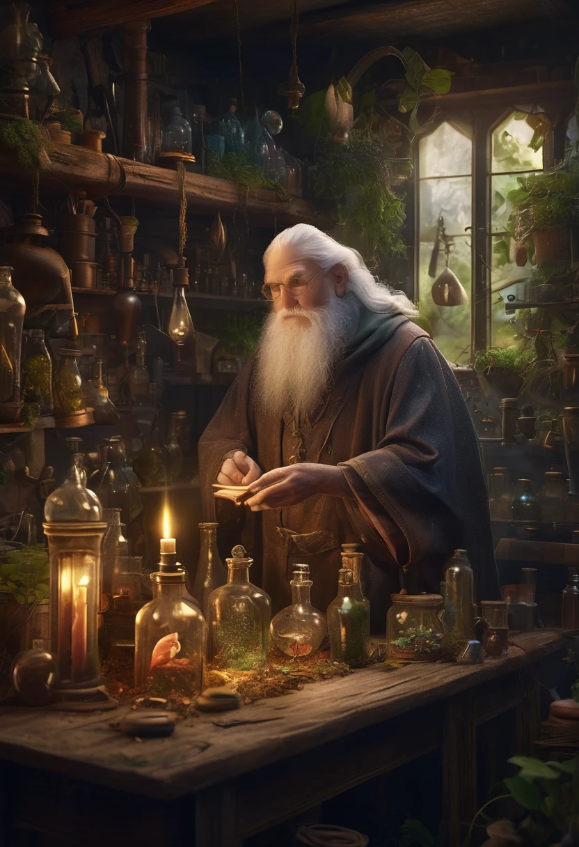 An old wizard and a little fairy, the wizard dressed in long naval robes stands in his workshop, surrounded by work tables covered with glass laboratory utensils, crystals, strange contraptions and various plants. the naughty little  fairy is naked_ on full body flying close to the wizard trying to get his attention so she can steal a potion with love elixir ♥️ with a (small heart-shaped bottle),, James Christensen,. Hyperrealistic art cinematic film still photography, fantasy,. shallow depth of field, vignette, moody, epic, gorgeous,. realism pushed to extreme, fine texture, incredibly lifelike