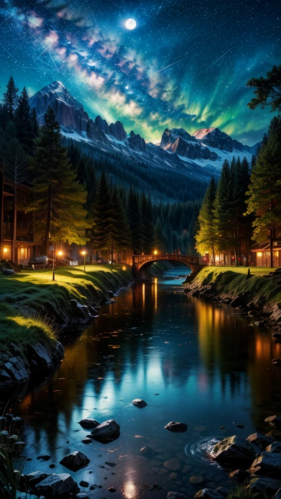 (Logo, Amazing, 8K, Tabletop, Raw Photo, Amazing, Top Quality, Photorealistic and Highly Detailed, CG, High Quality, Highly Detailed, Narrative Verse, Particle Effects, Dynamic Effects, Text Border the depth, cinematic lights, flares, raytracing, tabletop, realistic, ultra HD, fantasy), the wind, the beauty and brilliance of mountains and forests, the serenity and beauty of the world's grasslands and vast lands, Lakeside, wonderful scenery, beautiful natural scenery, night, starry sky, constellation, full moon, space, gorgeous, view, water, constellation, wonder, fantastic, meteor, magic, best illumination, best shadow
