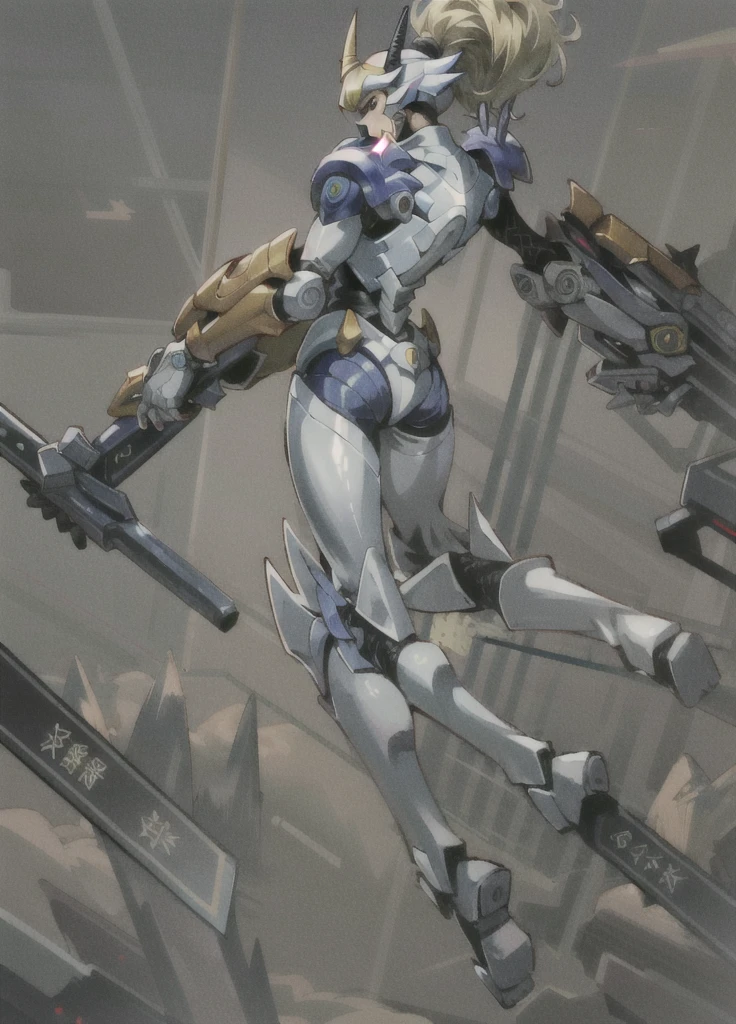 1girl, full_body, high-res, 8k, best_quality, dynamic_angle, glamorous_body, feminine_body, best_hands, looking_back, light_suit_samus, omegamon_armor, samus, back, ass,
