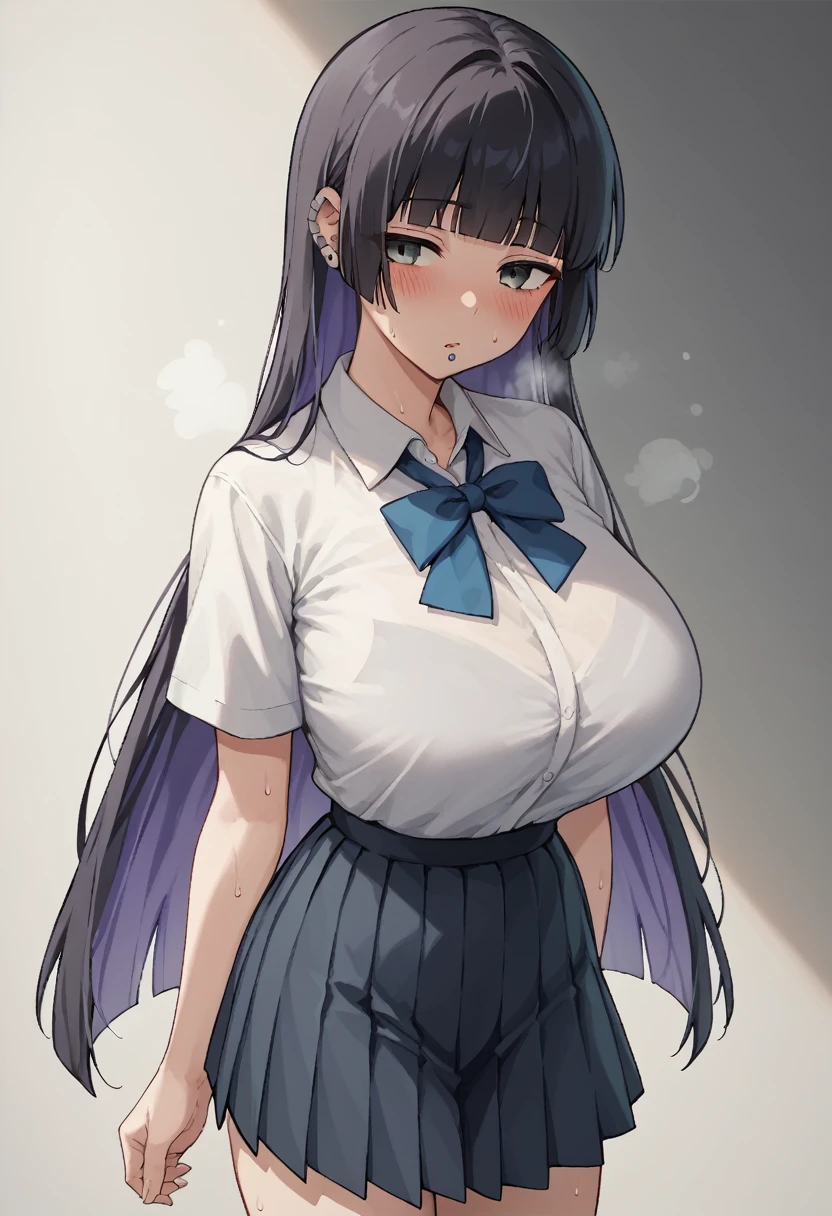 Huge breasts、blush、Sweat、In the heat、pass, black hair, blunt bangs, blunt ends, chin piercing, colored inner hair, ear piercing, grey eyes, Hime cut, long hair, medium bangs, multicolored hair, piercing, purple hair,
{Highest quality}, {so beautiful}, {Very detailed}, {Best illustrations},Life、slim:1.5、school uniform、White shirt、Grey pleated skirt、Blue tie ribbon、Are standing