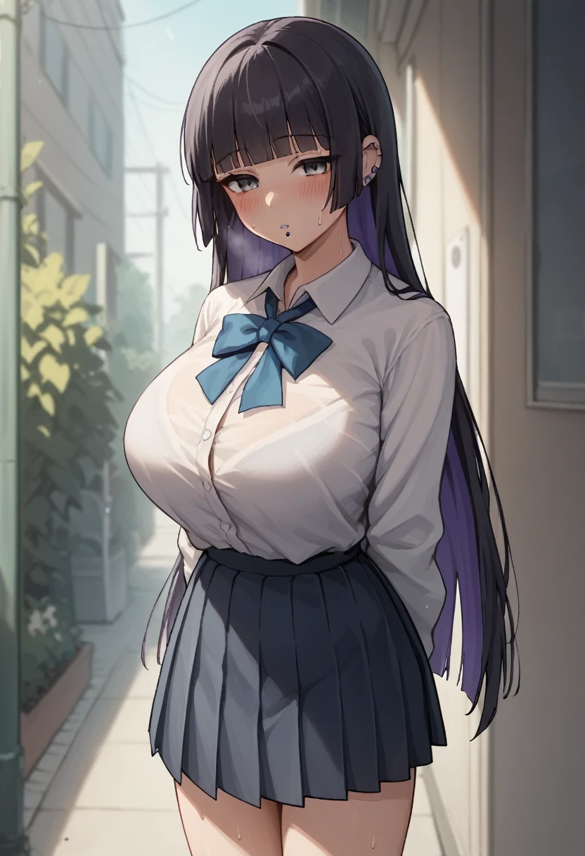 Huge breasts、blush、Sweat、In the heat、pass, black hair, blunt bangs, blunt ends, chin piercing, colored inner hair, ear piercing, grey eyes, Hime cut, long hair, medium bangs, multicolored hair, piercing, purple hair,
{Highest quality}, {so beautiful}, {Very detailed}, {Best illustrations},Life、slim:1.5、school uniform、White shirt、Grey pleated skirt、Blue tie ribbon、Are standing